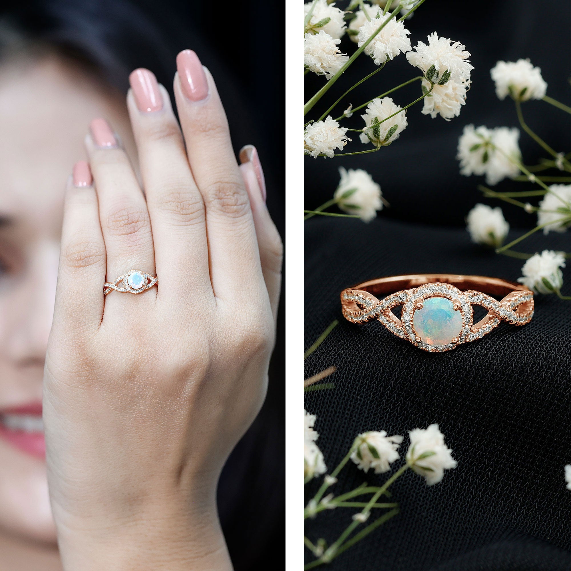 Natural Ethiopian Opal Diamond Engagement Ring with Criss Cross Shank AAA - Rosec Jewels