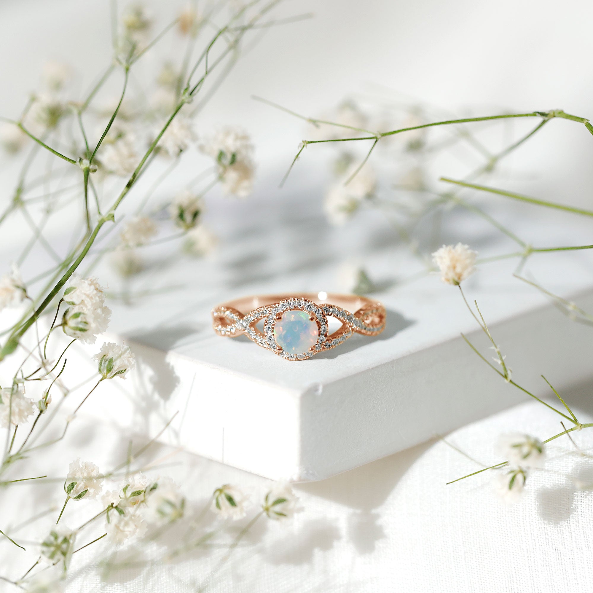Natural Ethiopian Opal Diamond Engagement Ring with Criss Cross Shank AAA - Rosec Jewels