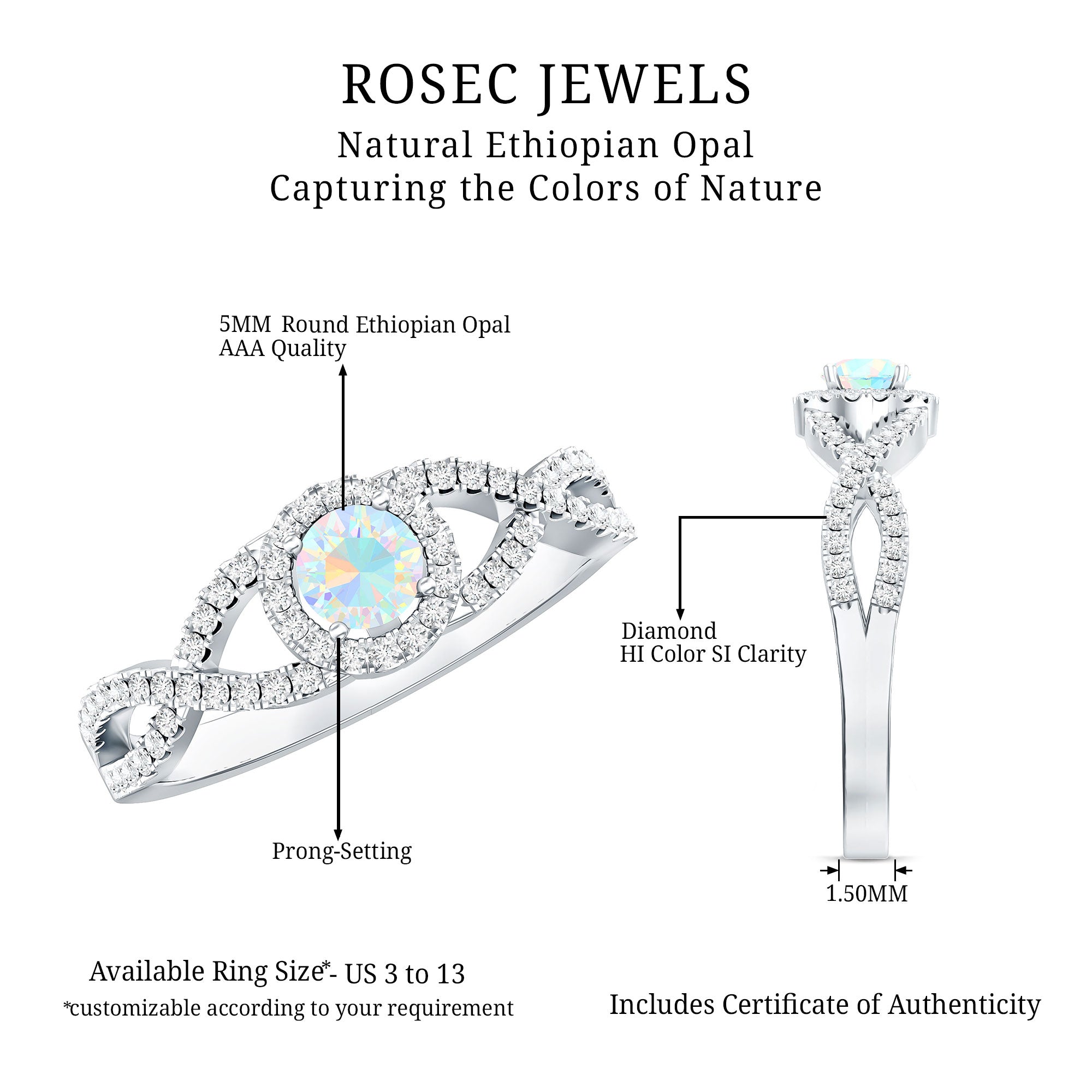 Natural Ethiopian Opal Diamond Engagement Ring with Criss Cross Shank AAA - Rosec Jewels