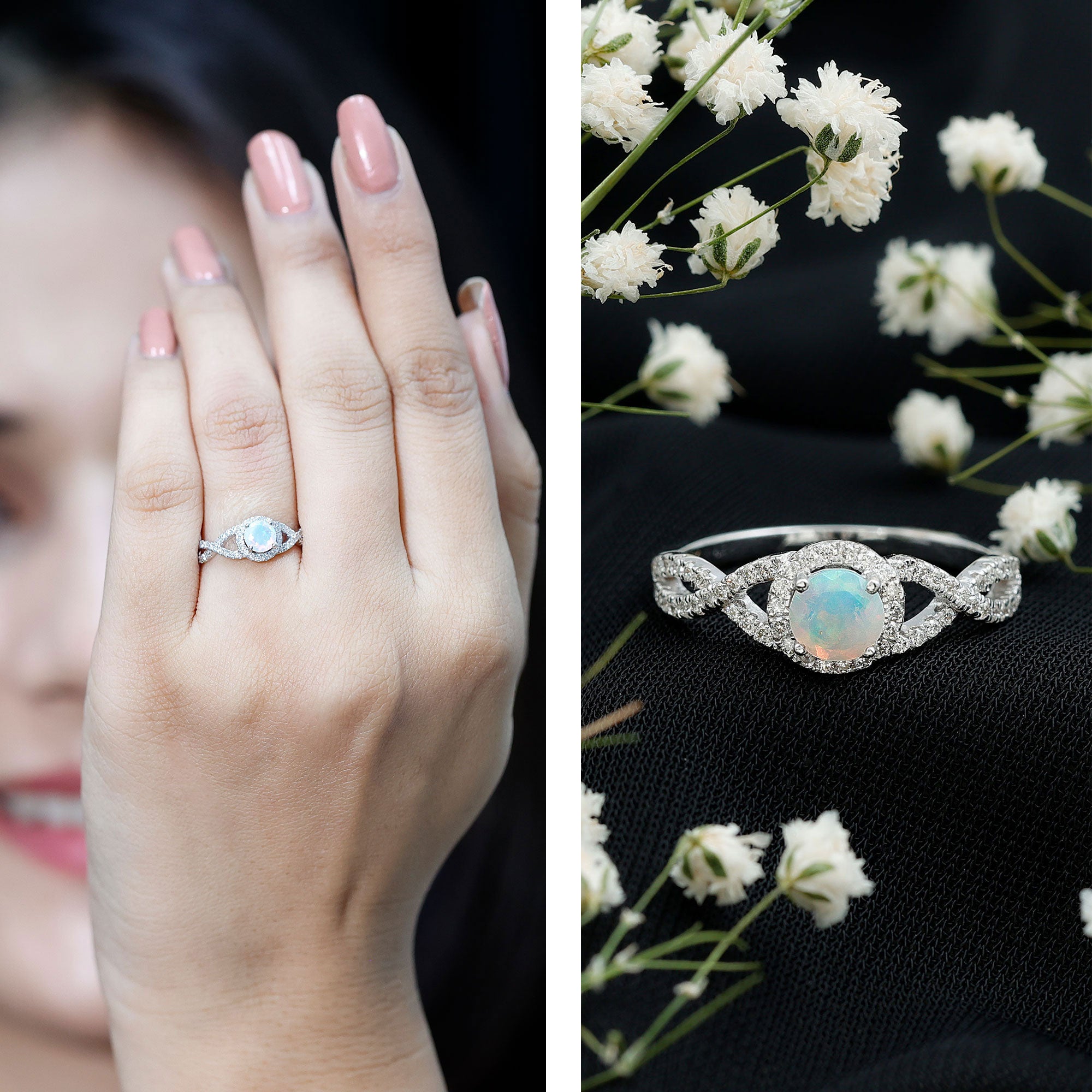 Natural Ethiopian Opal Diamond Engagement Ring with Criss Cross Shank AAA - Rosec Jewels