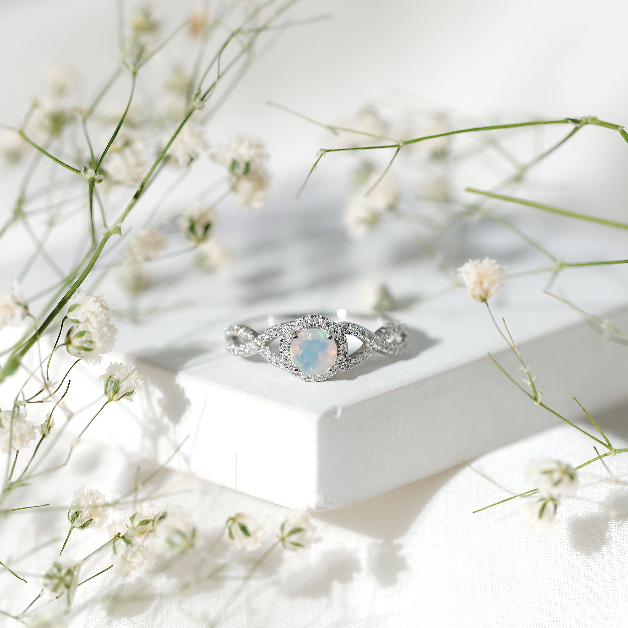 Natural Ethiopian Opal Diamond Engagement Ring with Criss Cross Shank AAA - Rosec Jewels