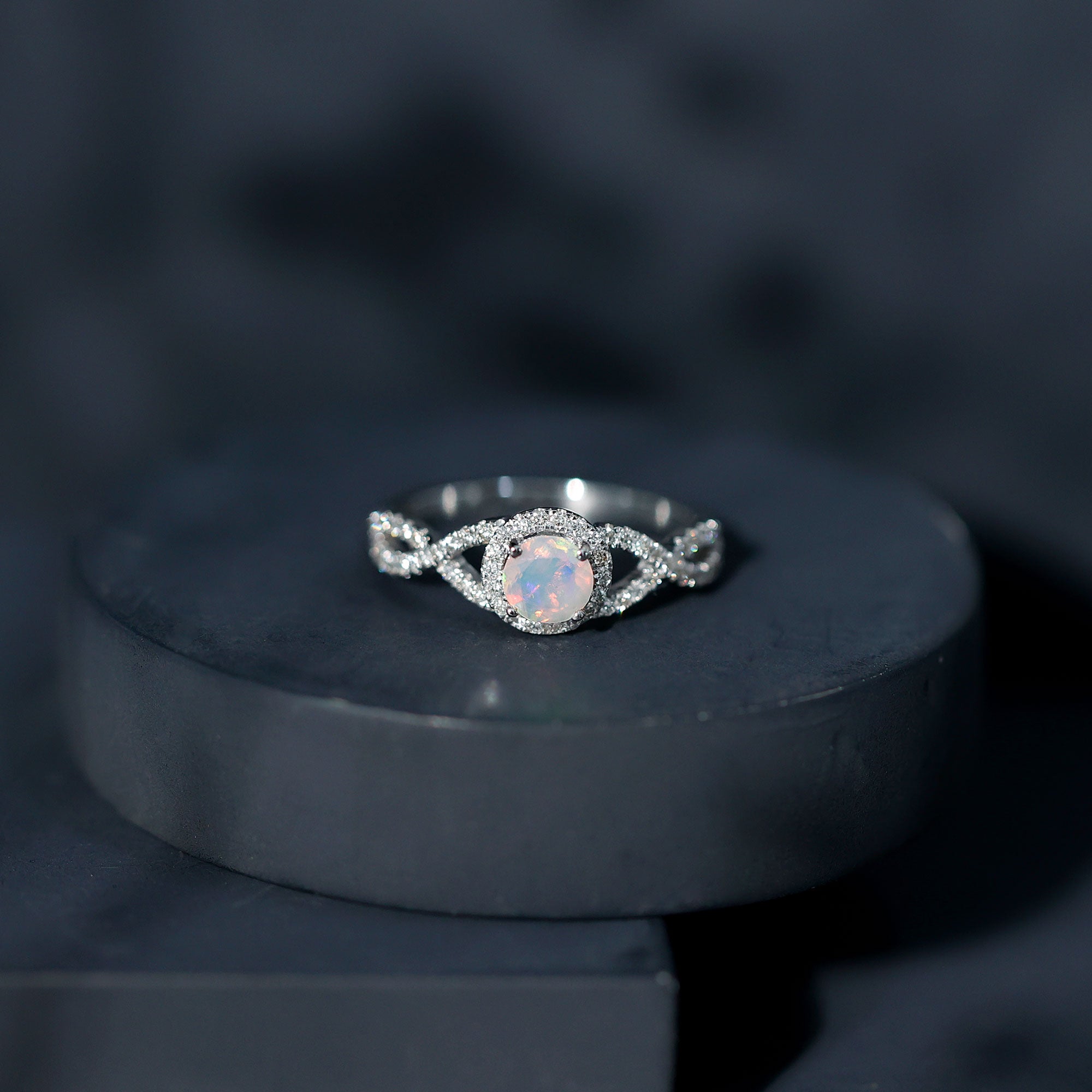 Natural Ethiopian Opal Diamond Engagement Ring with Criss Cross Shank AAA - Rosec Jewels