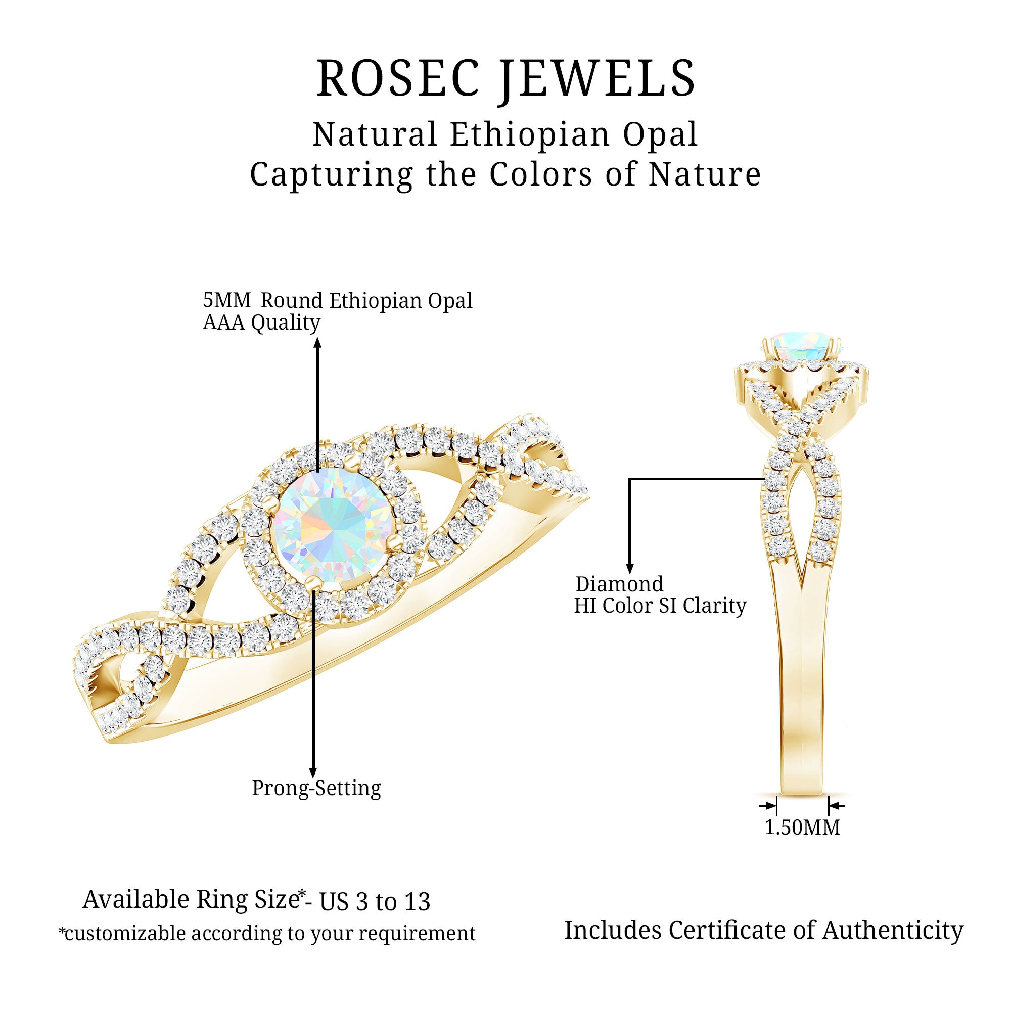 Natural Ethiopian Opal Diamond Engagement Ring with Criss Cross Shank AAA - Rosec Jewels