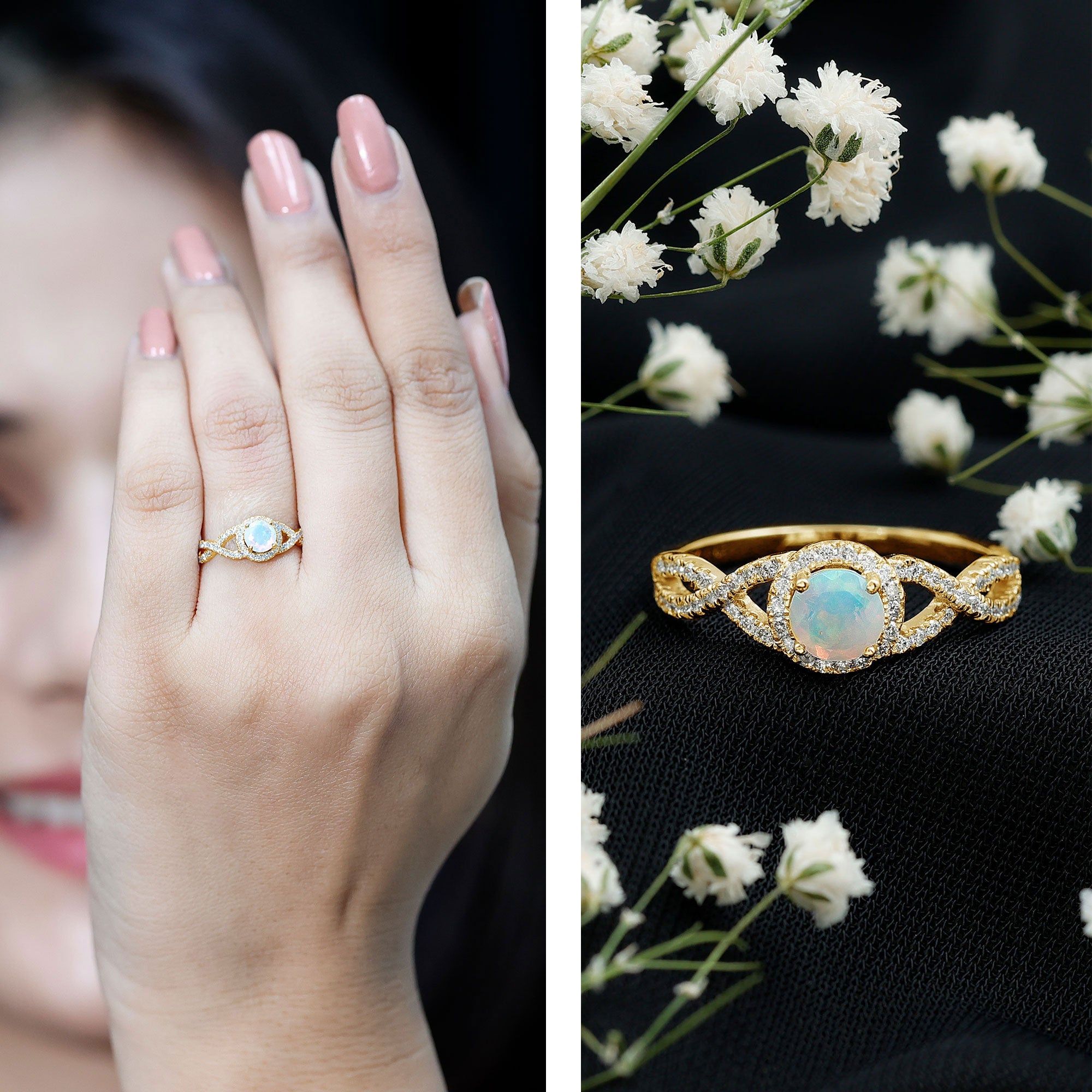 Natural Ethiopian Opal Diamond Engagement Ring with Criss Cross Shank AAA - Rosec Jewels