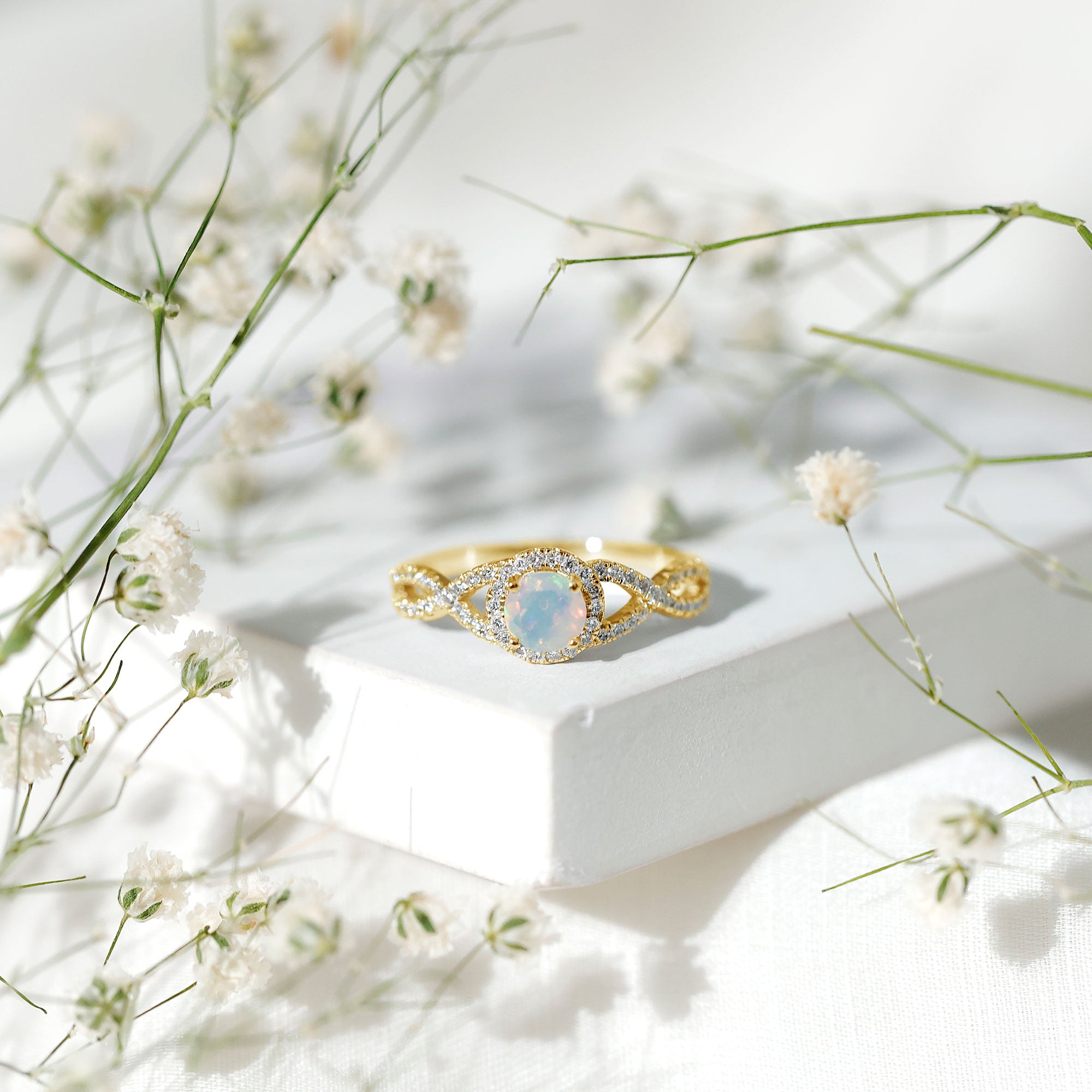 Natural Ethiopian Opal Diamond Engagement Ring with Criss Cross Shank AAA - Rosec Jewels
