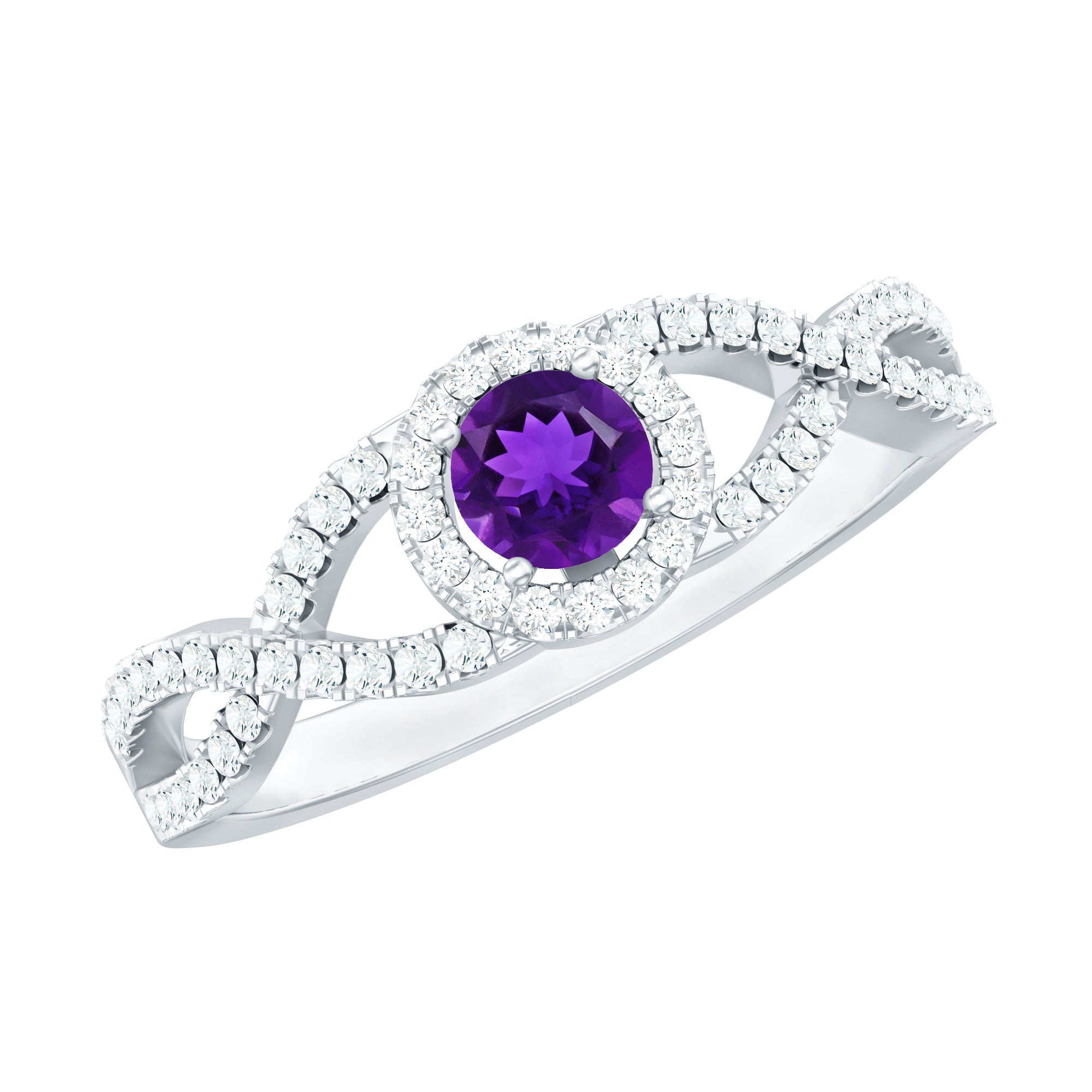 Round Amethyst and Diamond Criss Cross Engagement Ring