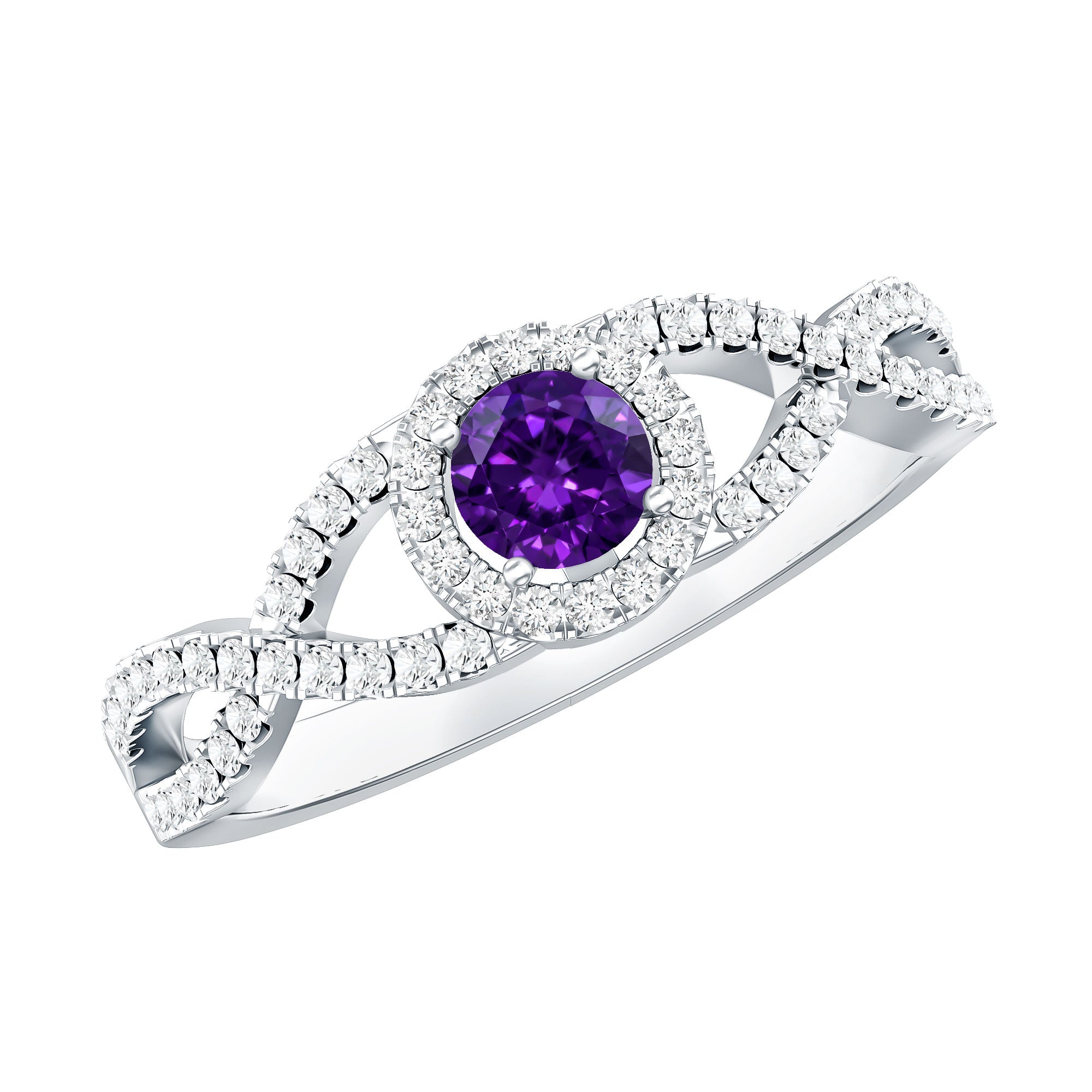 Real Amethyst Diamond Halo Engagement Ring with Criss Cross Shank AAA - Rosec Jewels