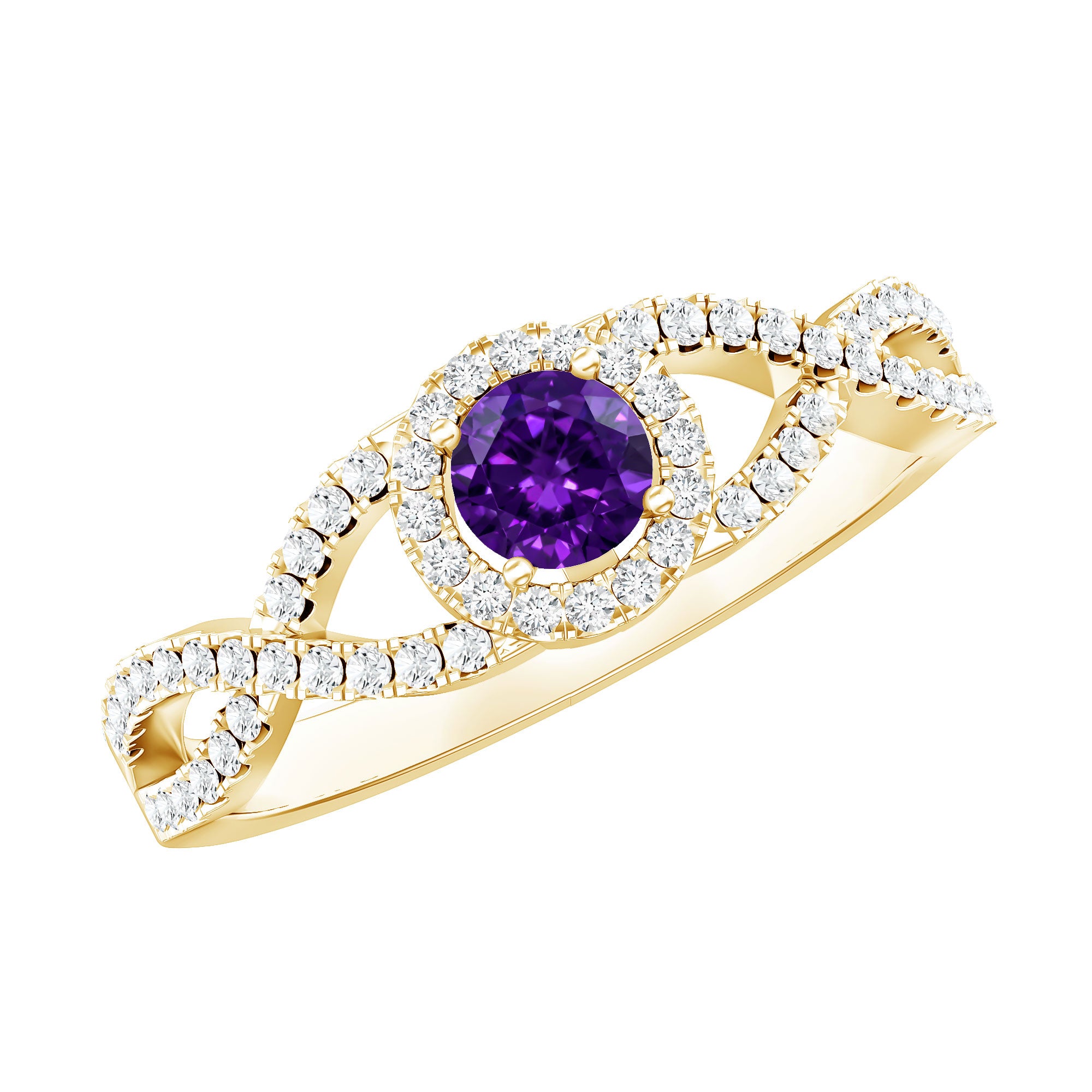 Real Amethyst Diamond Halo Engagement Ring with Criss Cross Shank AAA - Rosec Jewels