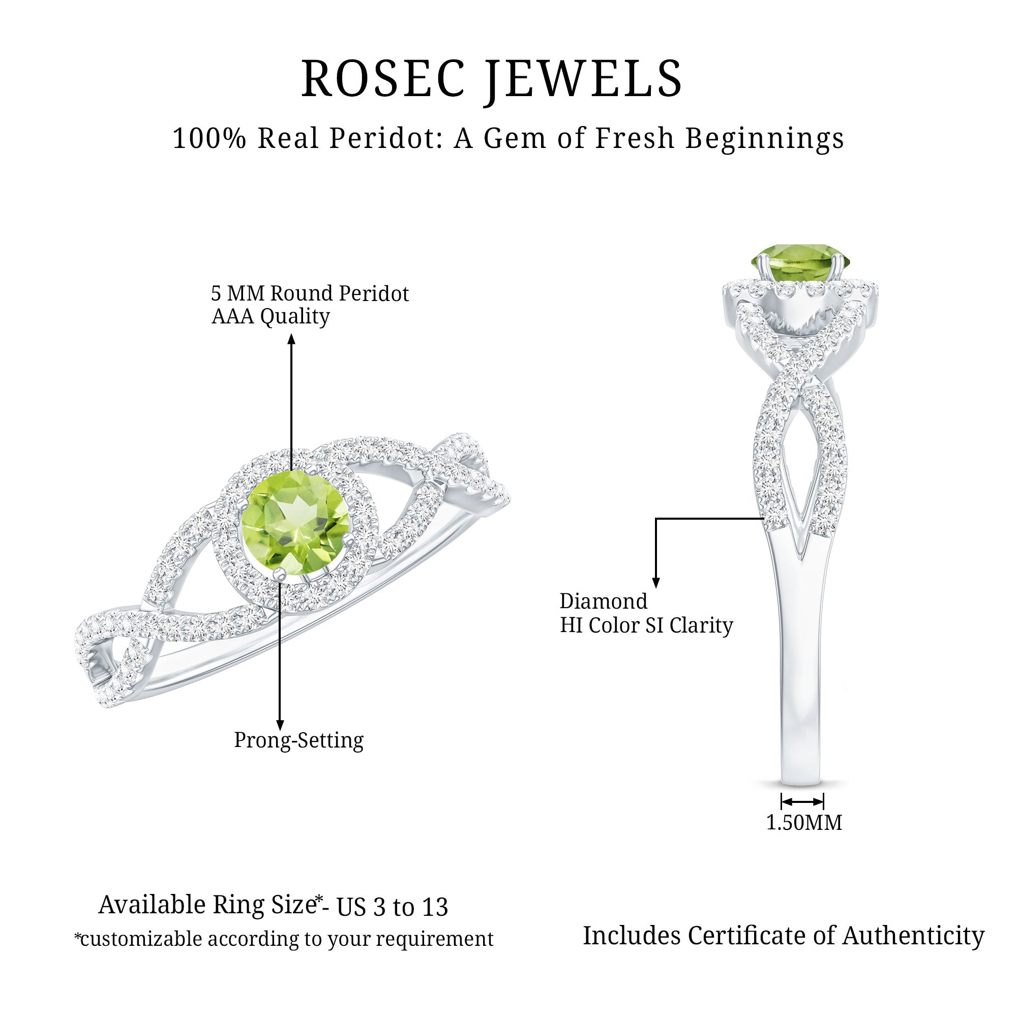 Natural 0.5 Carat Peridot Engagement Ring with Diamond Criss Cross Shank AAA - Rosec Jewels