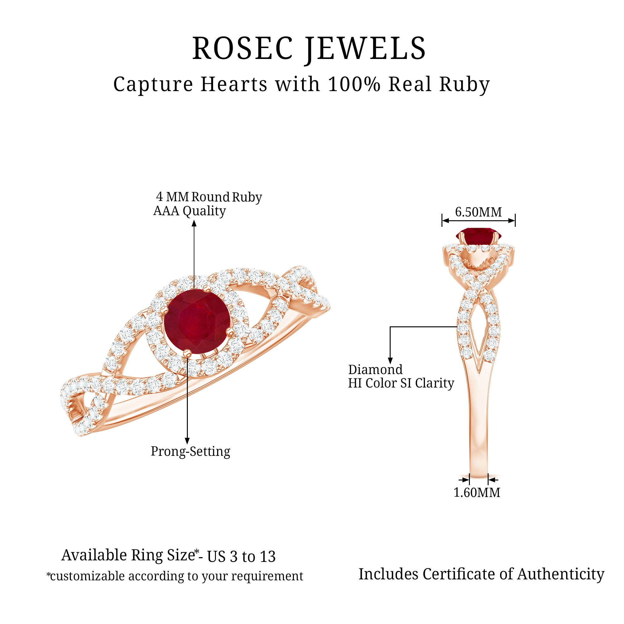 Genuine Ruby Engagement Ring with Diamond Criss Cross Shank AAA - Rosec Jewels