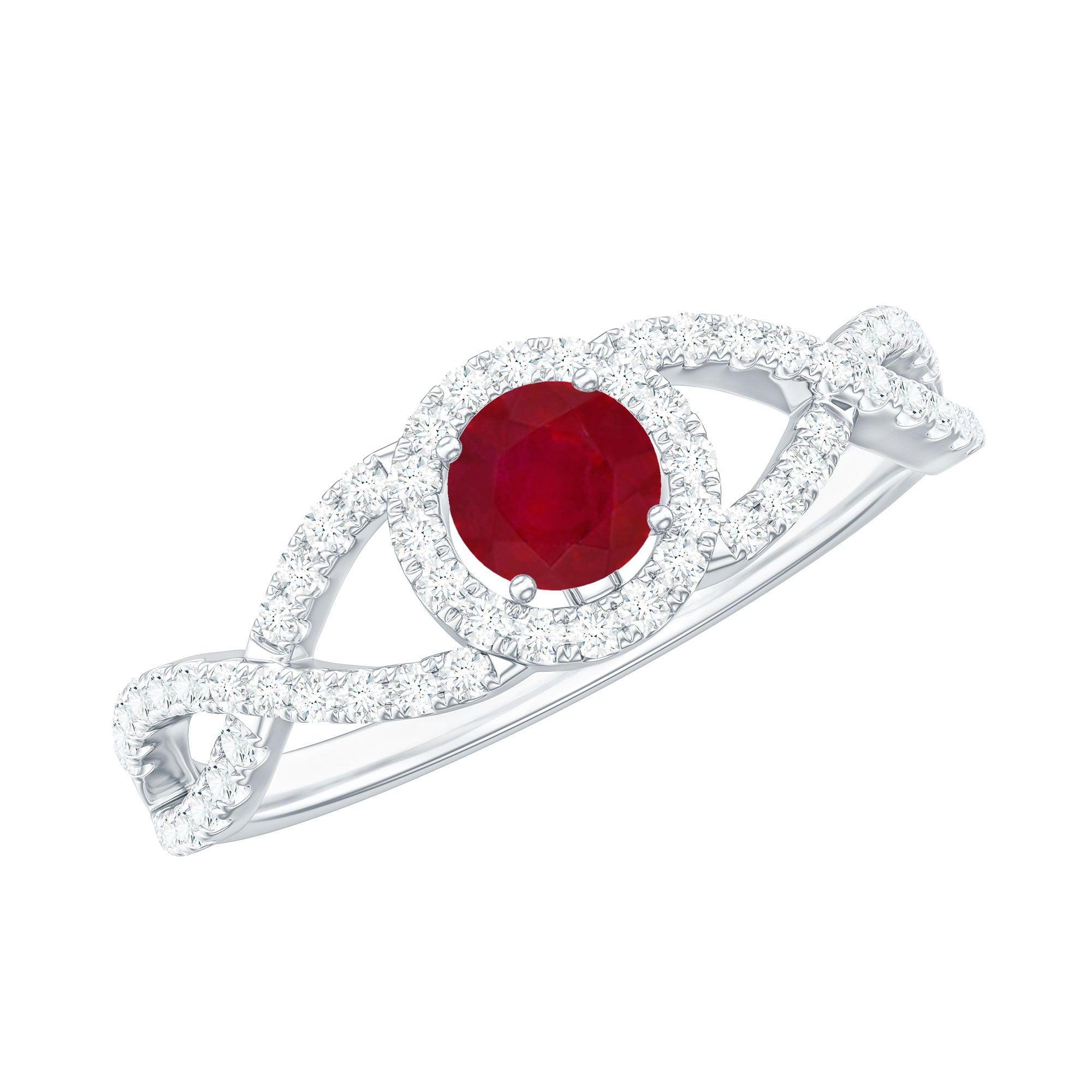 Round Ruby and Diamond Criss Cross Engagement Ring
