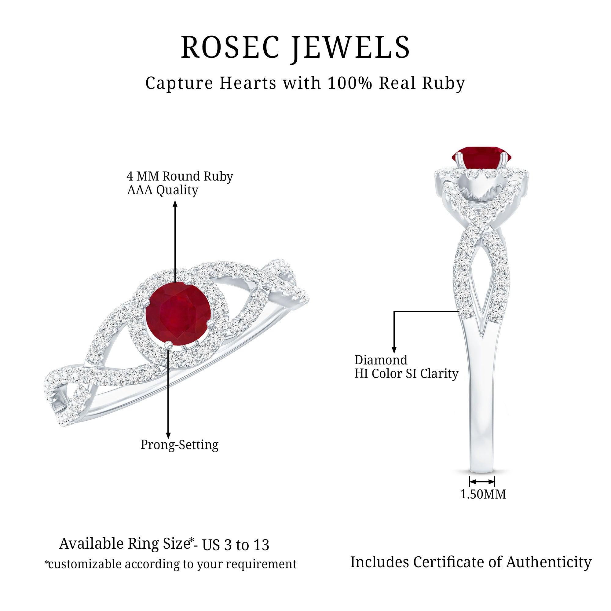 Genuine Ruby Engagement Ring with Diamond Criss Cross Shank AAA - Rosec Jewels