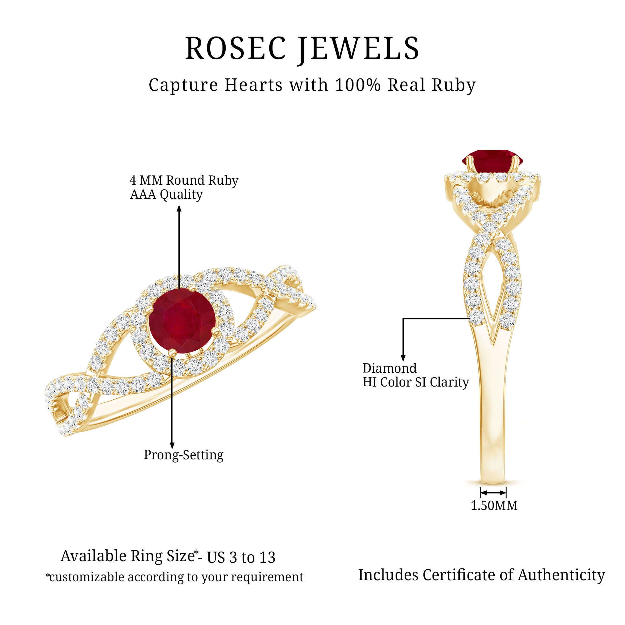 Genuine Ruby Engagement Ring with Diamond Criss Cross Shank AAA - Rosec Jewels