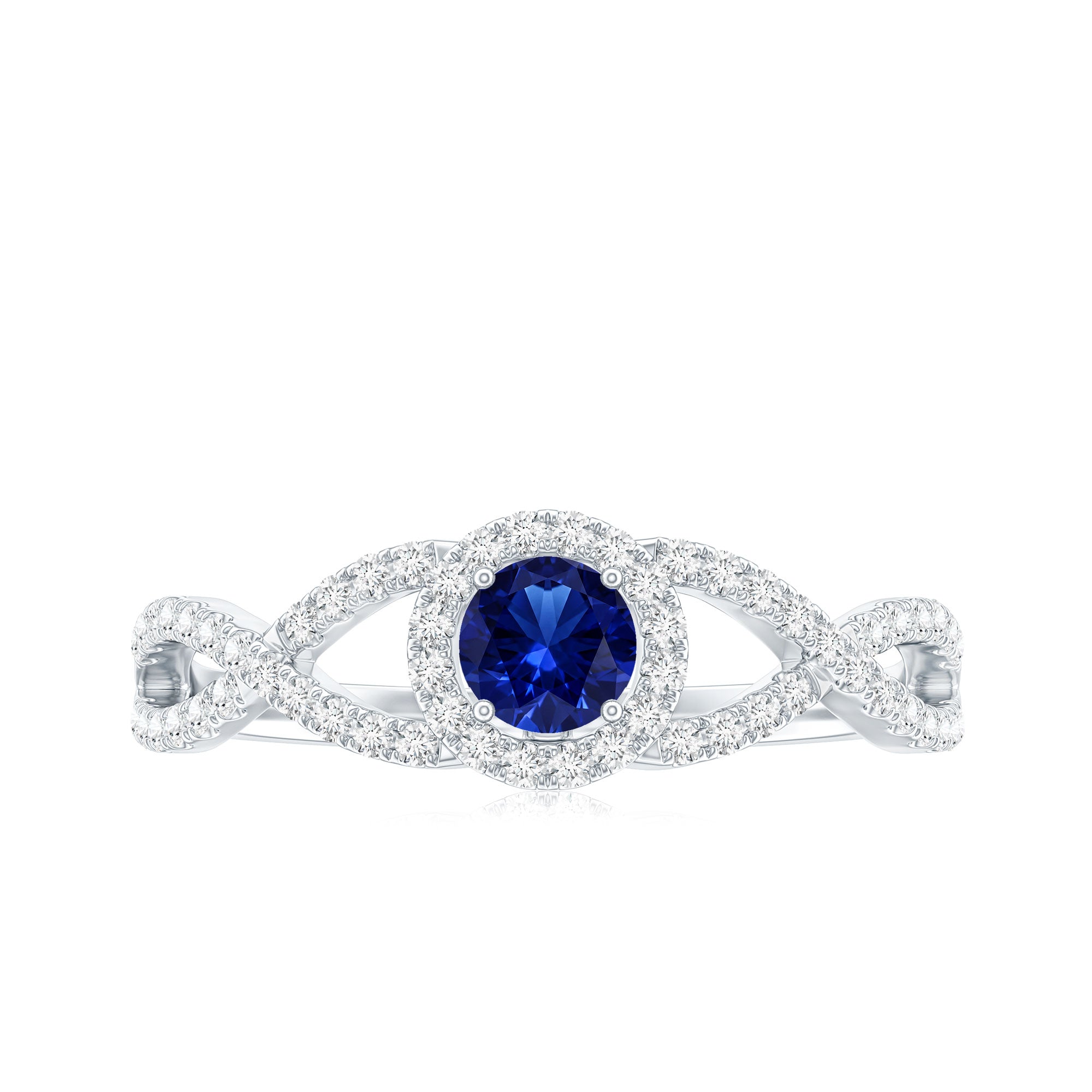 Certified 0.6 Carat Lab Grown Blue Sapphire Crossover Engagement Ring with Diamond AAAA - Rosec Jewels
