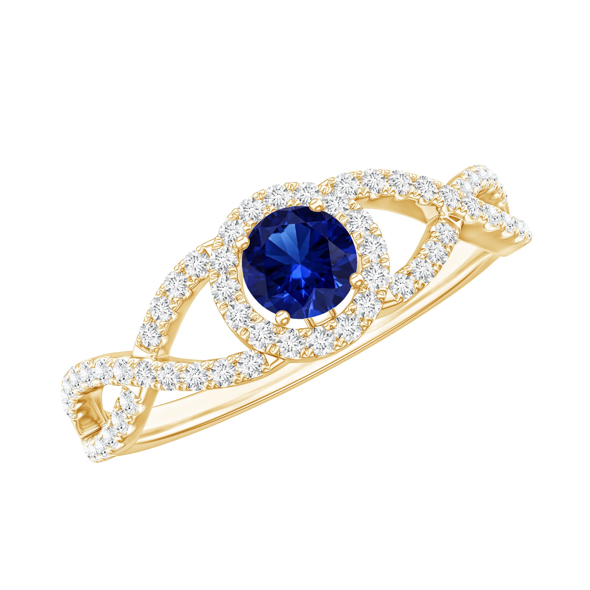 Certified 0.6 Carat Lab Grown Blue Sapphire Crossover Engagement Ring with Diamond AAAA - Rosec Jewels