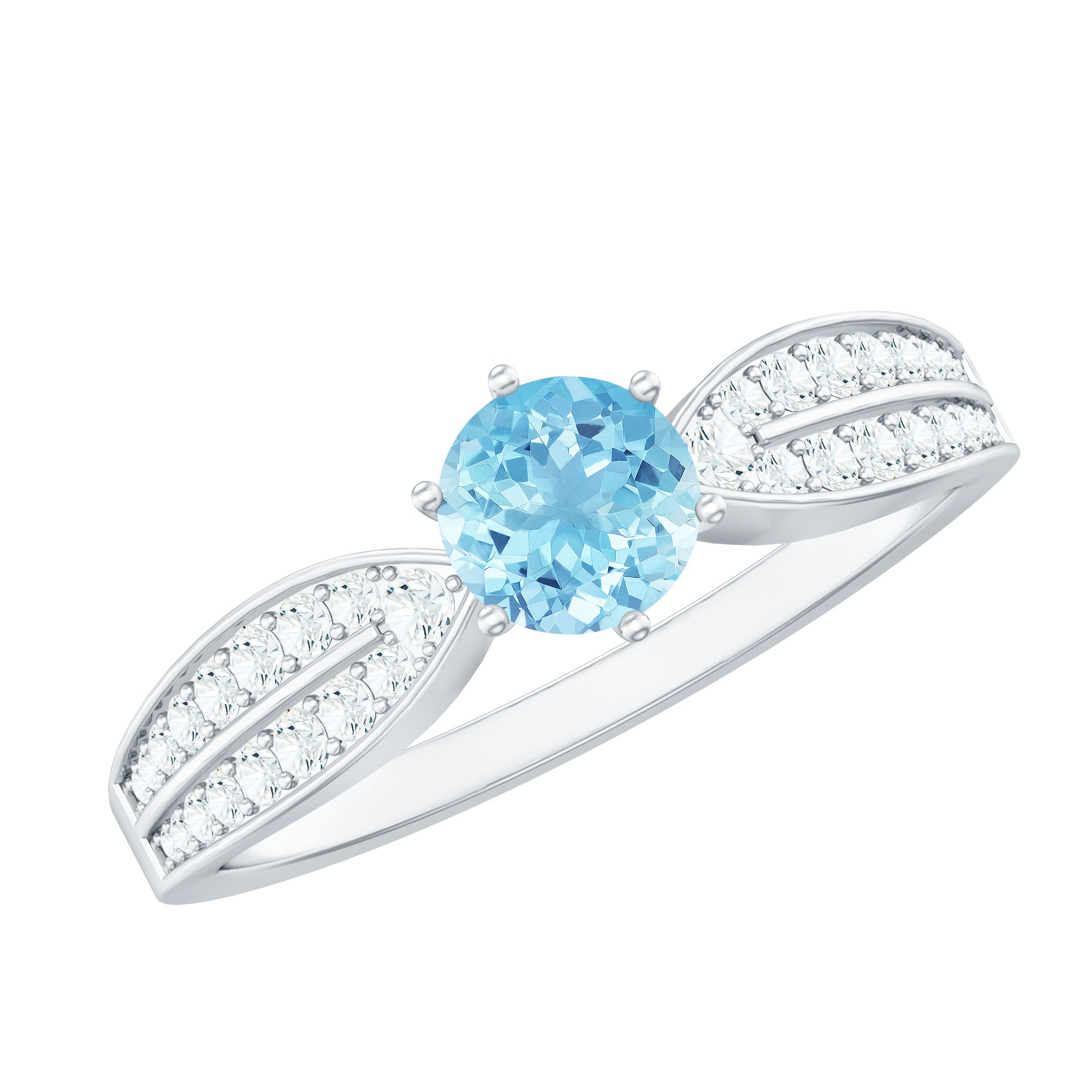 Real Aquamarine Elegant Engagement Ring with Diamond Side Stones