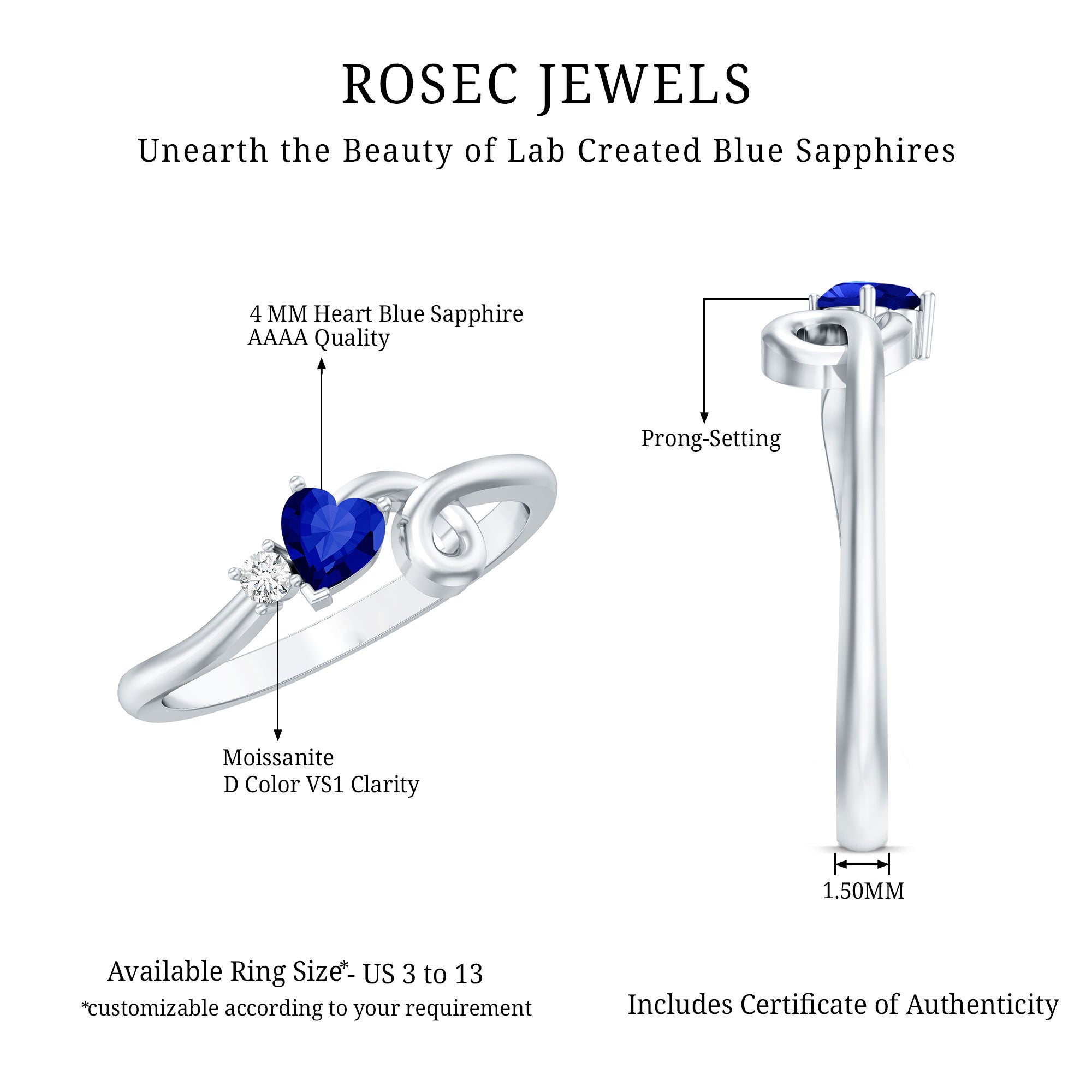 Certified Lab Grown Blue Sapphire Twisted Heart Promise Ring AAAA - Rosec Jewels