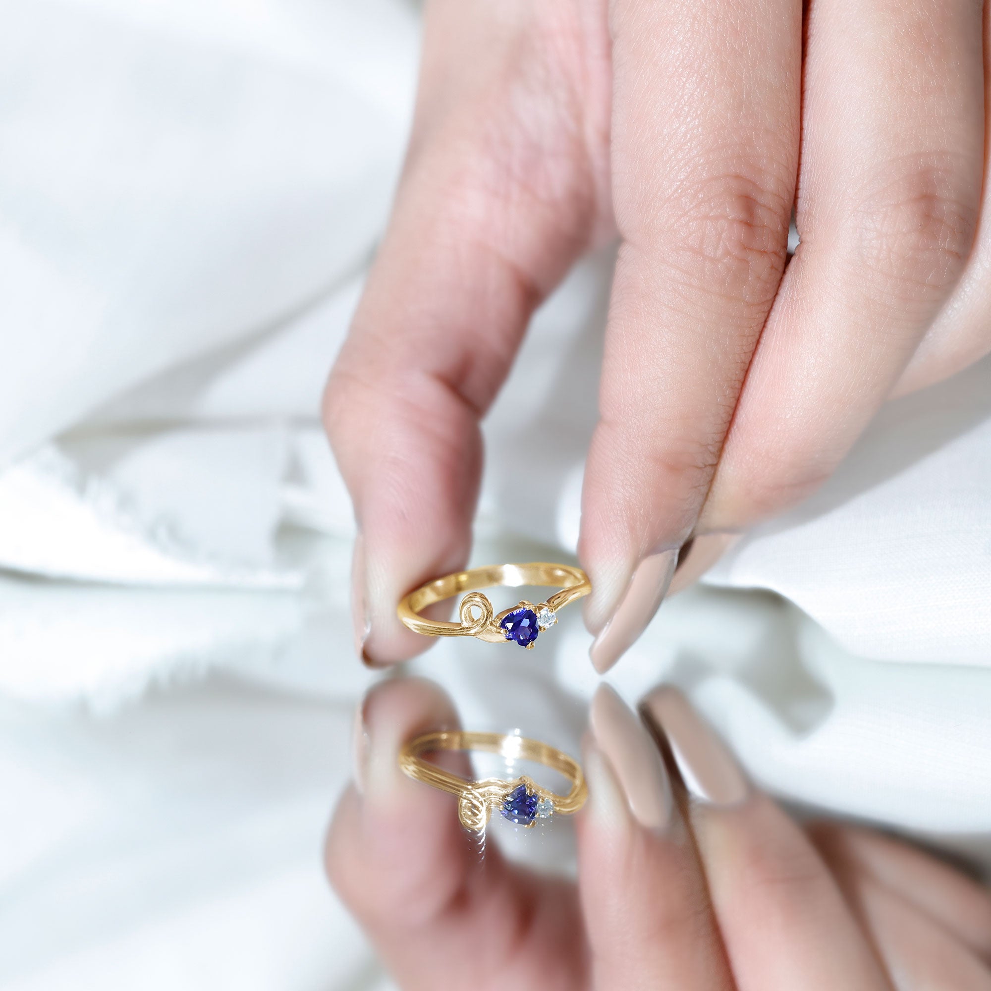 Certified Lab Grown Blue Sapphire Twisted Heart Promise Ring AAAA - Rosec Jewels