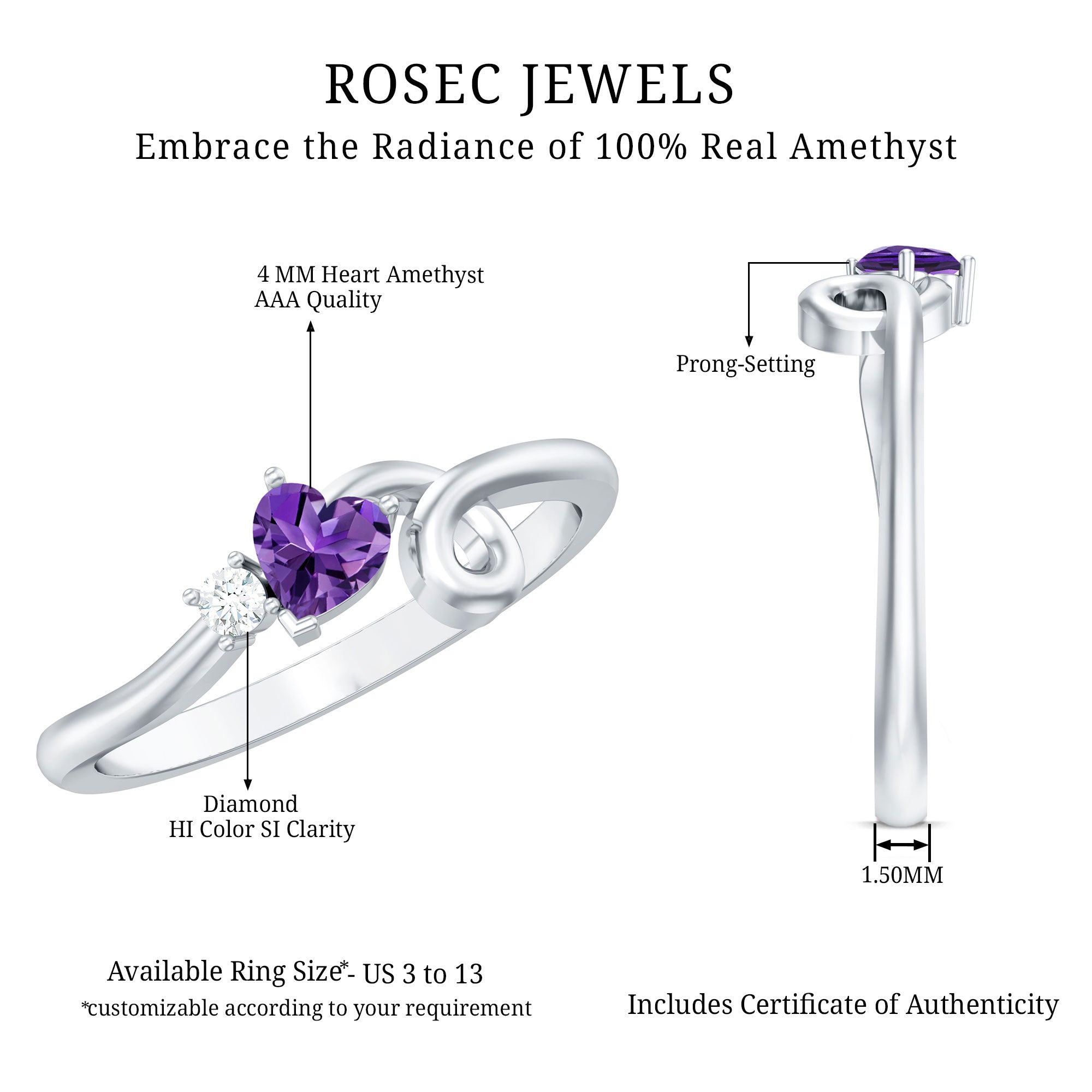 Heart Shape Real Amethyst and Diamond Twisted Promise Ring AAA - Rosec Jewels