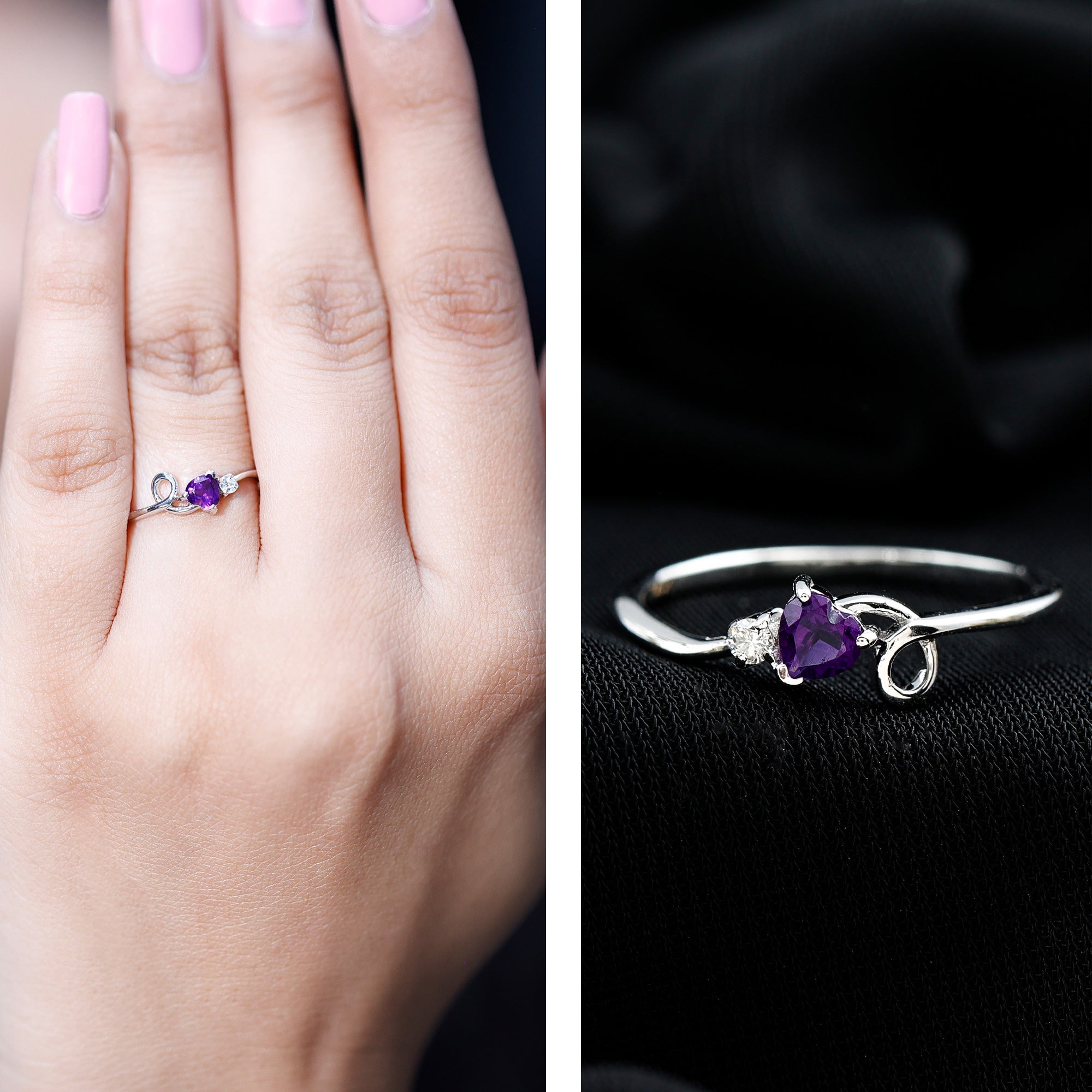 Heart Shape Real Amethyst and Diamond Twisted Promise Ring AAA - Rosec Jewels