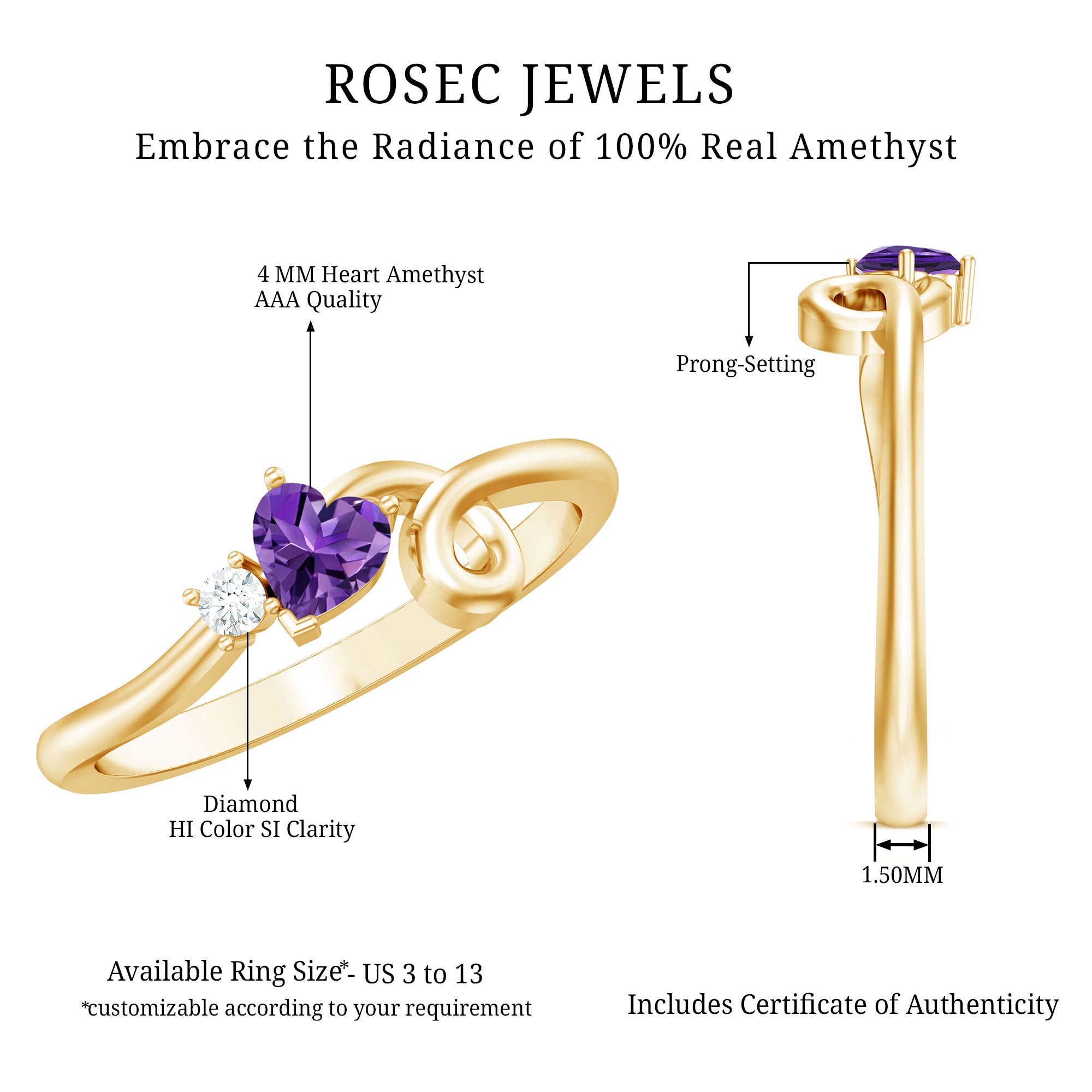 Heart Shape Real Amethyst and Diamond Twisted Promise Ring AAA - Rosec Jewels