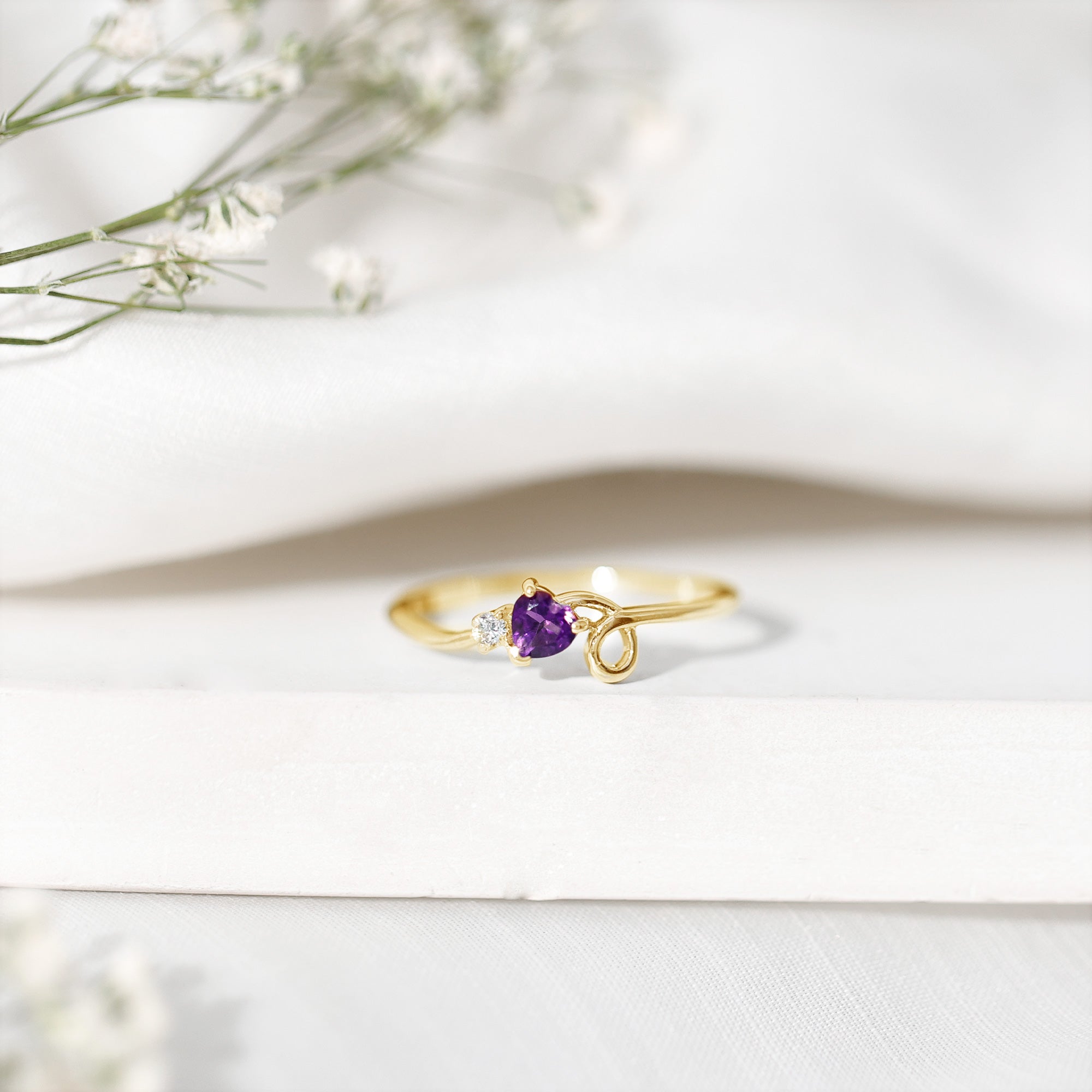 Heart Shape Real Amethyst and Diamond Twisted Promise Ring AAA - Rosec Jewels
