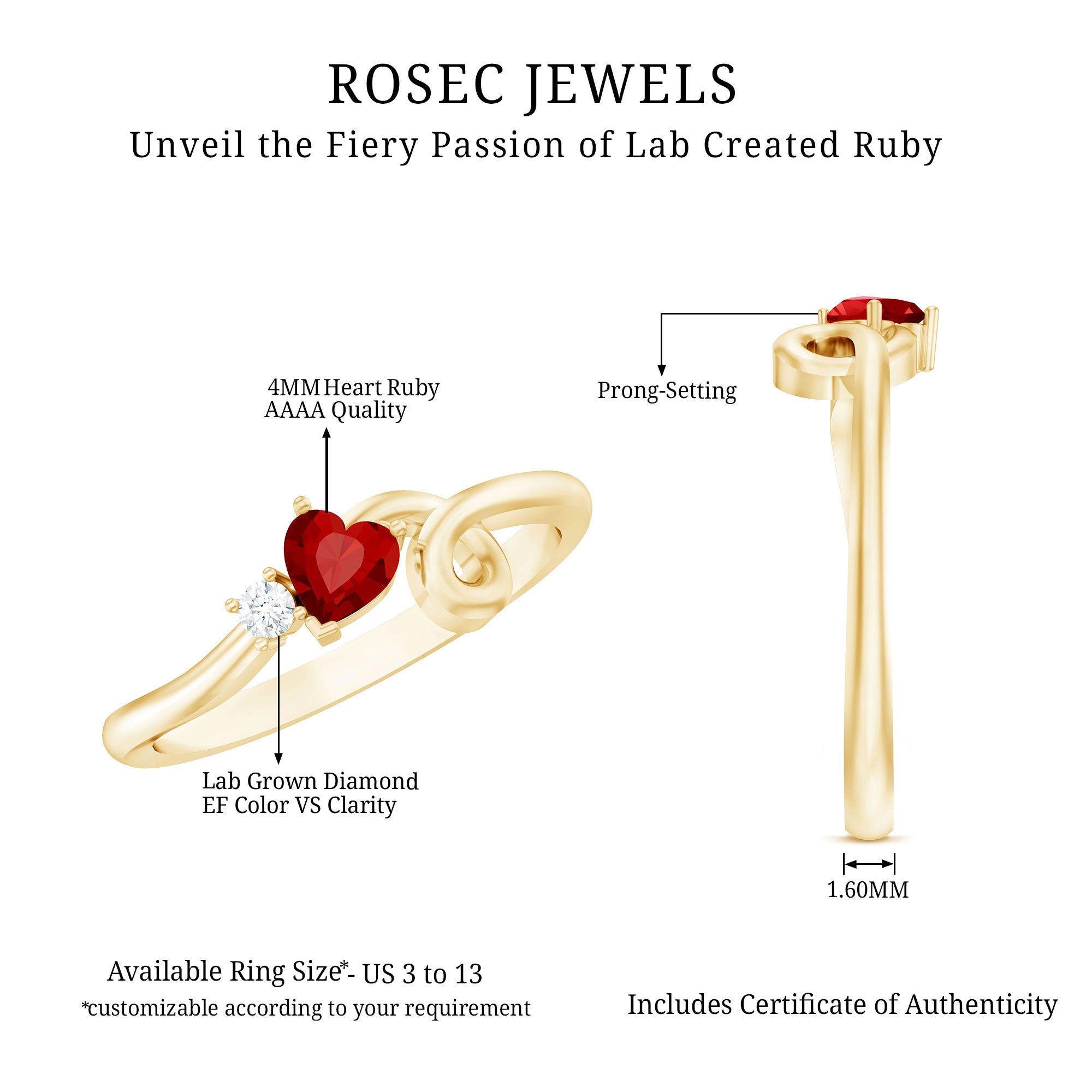 Lab Created Ruby and Diamond Twisted Heart Promise Ring AAAA - Rosec Jewels