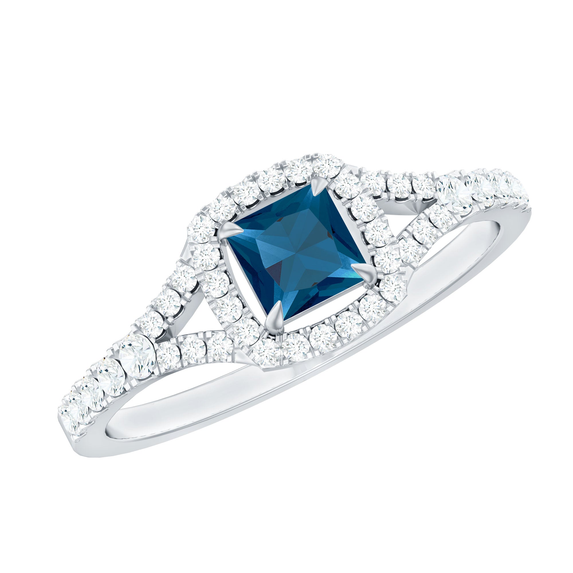 6mm Princess Cut London Blue Topaz Engagement Ring with Diamond Split Shank AAA - Rosec Jewels