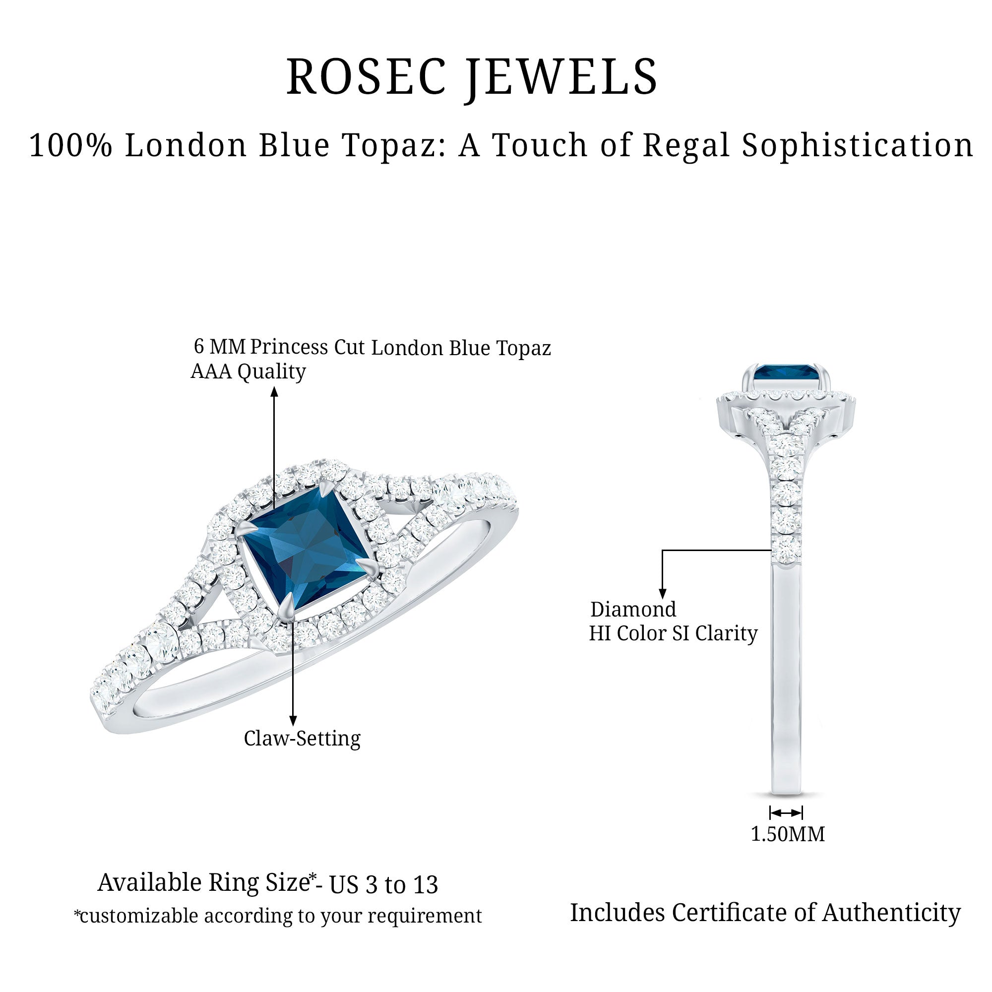 6mm Princess Cut London Blue Topaz Engagement Ring with Diamond Split Shank AAA - Rosec Jewels