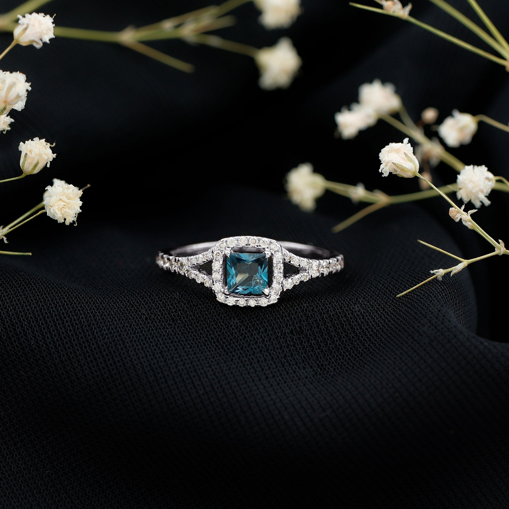 6mm Princess Cut London Blue Topaz Engagement Ring with Diamond Split Shank AAA - Rosec Jewels