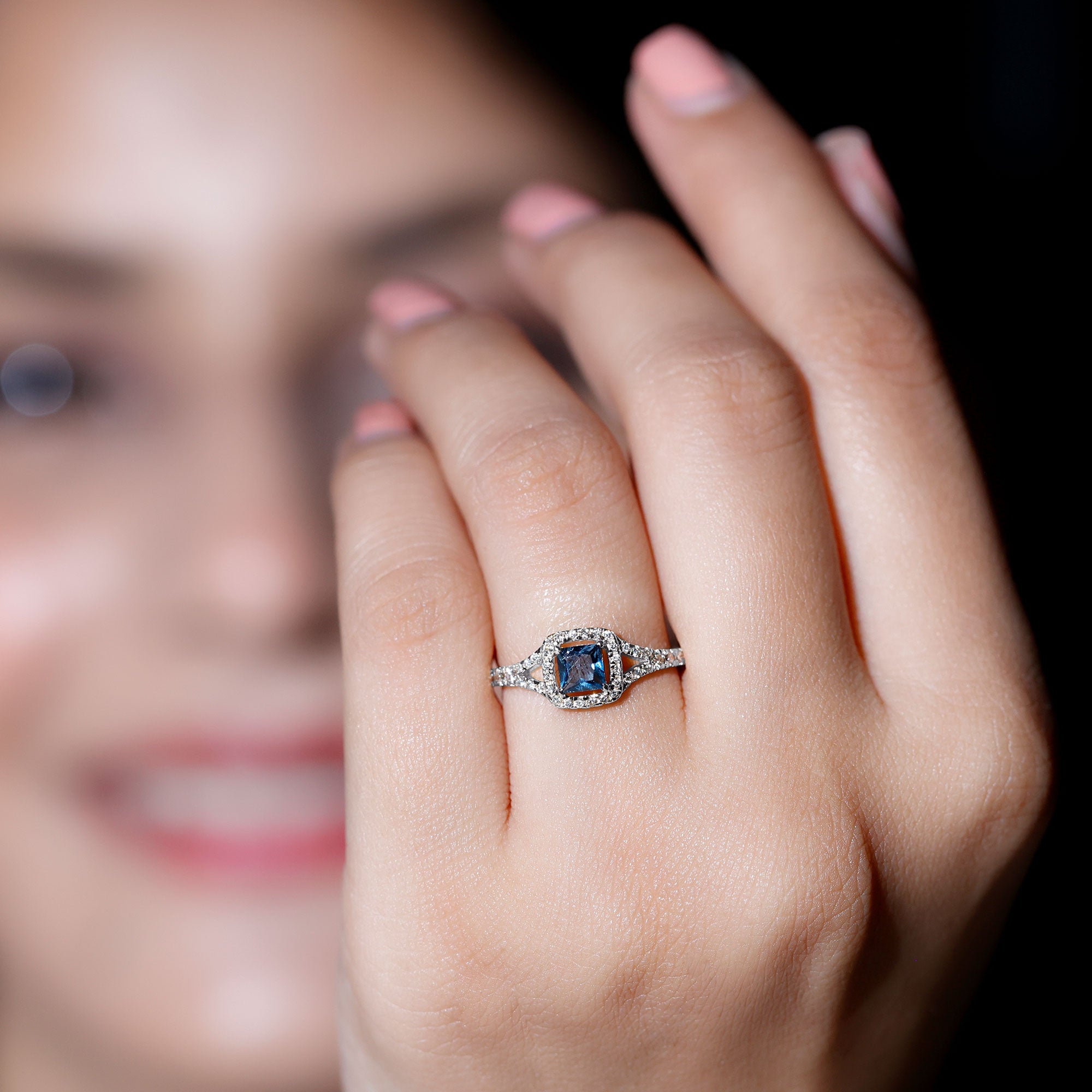 6mm Princess Cut London Blue Topaz Engagement Ring with Diamond Split Shank AAA - Rosec Jewels
