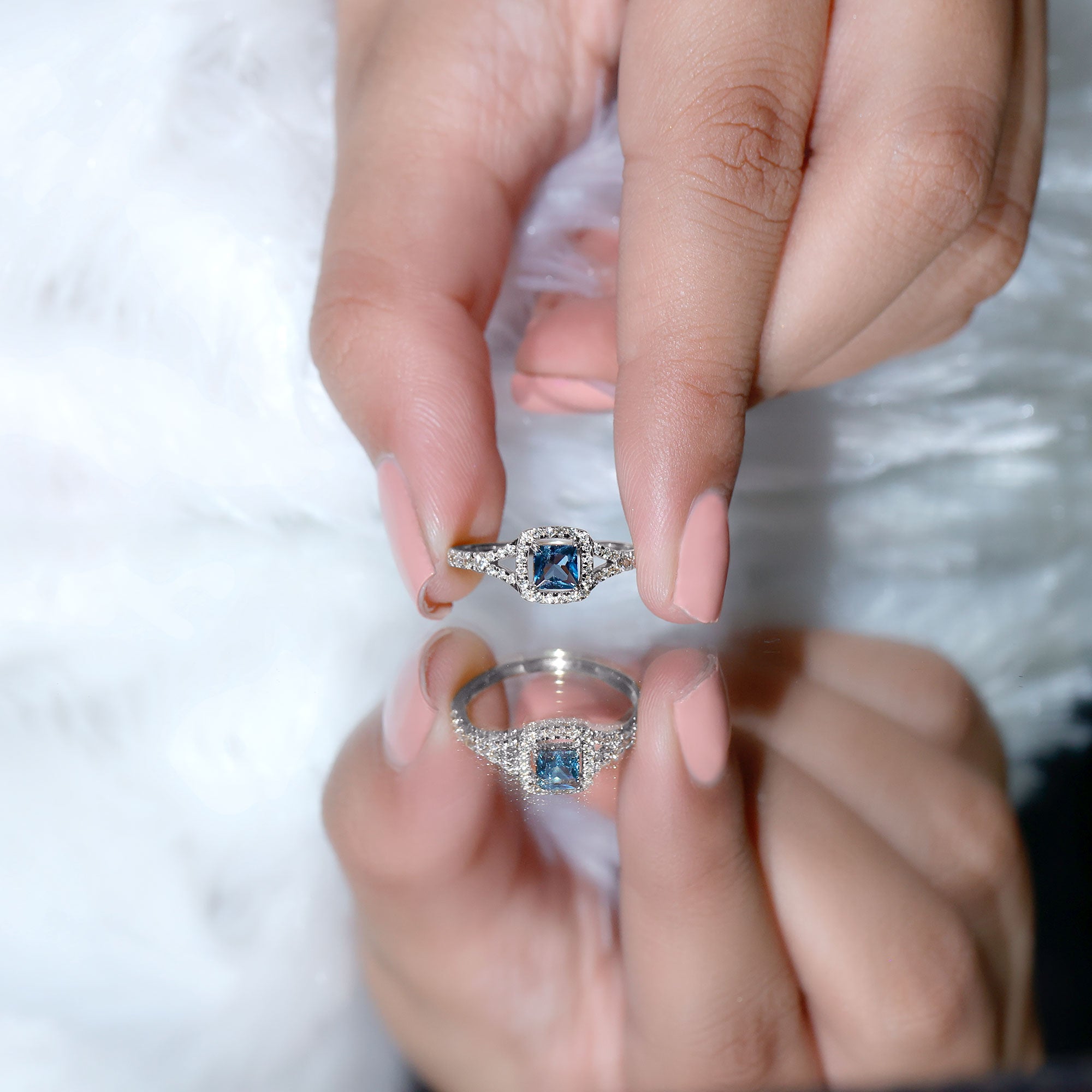 6mm Princess Cut London Blue Topaz Engagement Ring with Diamond Split Shank AAA - Rosec Jewels