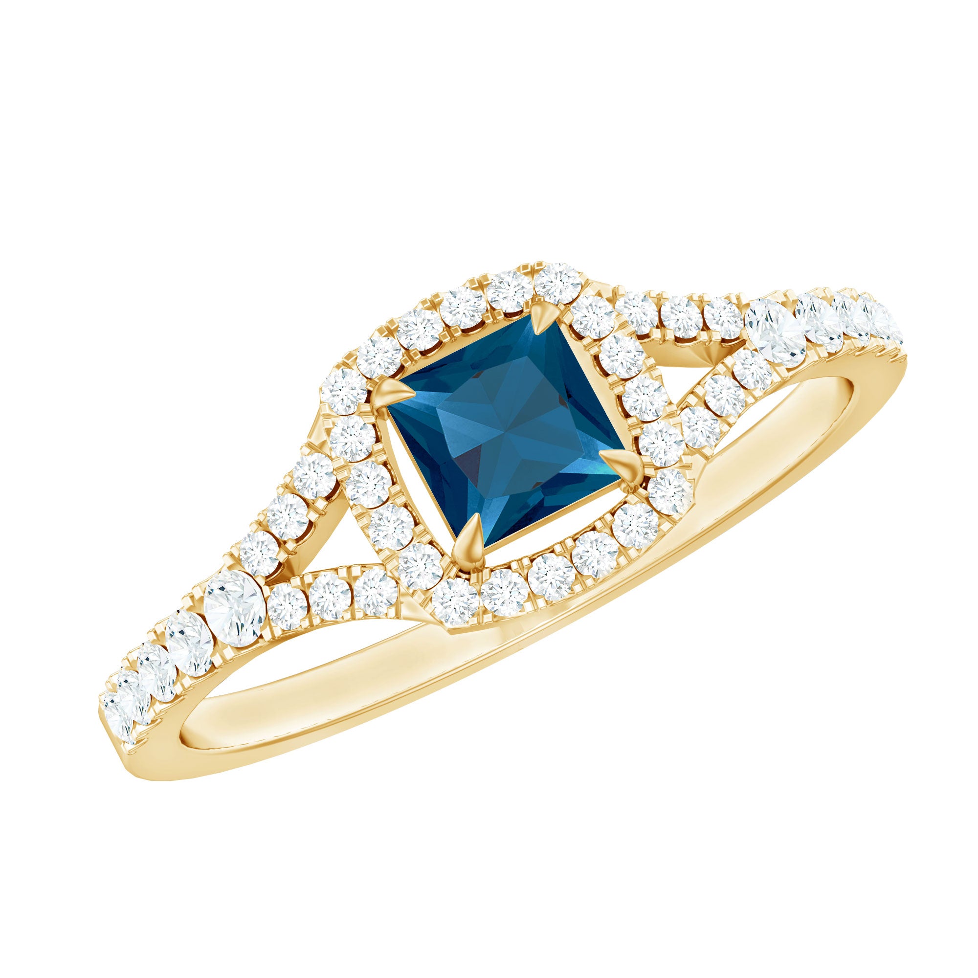 6mm Princess Cut London Blue Topaz Engagement Ring with Diamond Split Shank AAA - Rosec Jewels