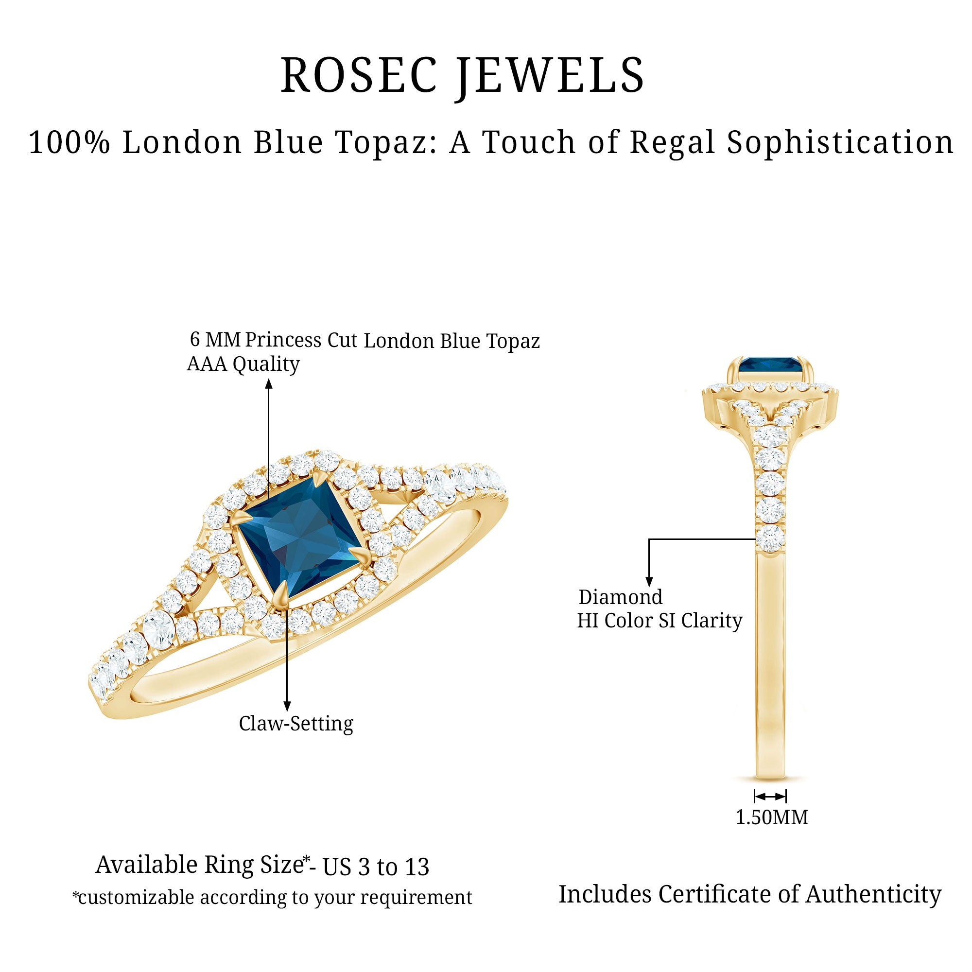 6mm Princess Cut London Blue Topaz Engagement Ring with Diamond Split Shank AAA - Rosec Jewels