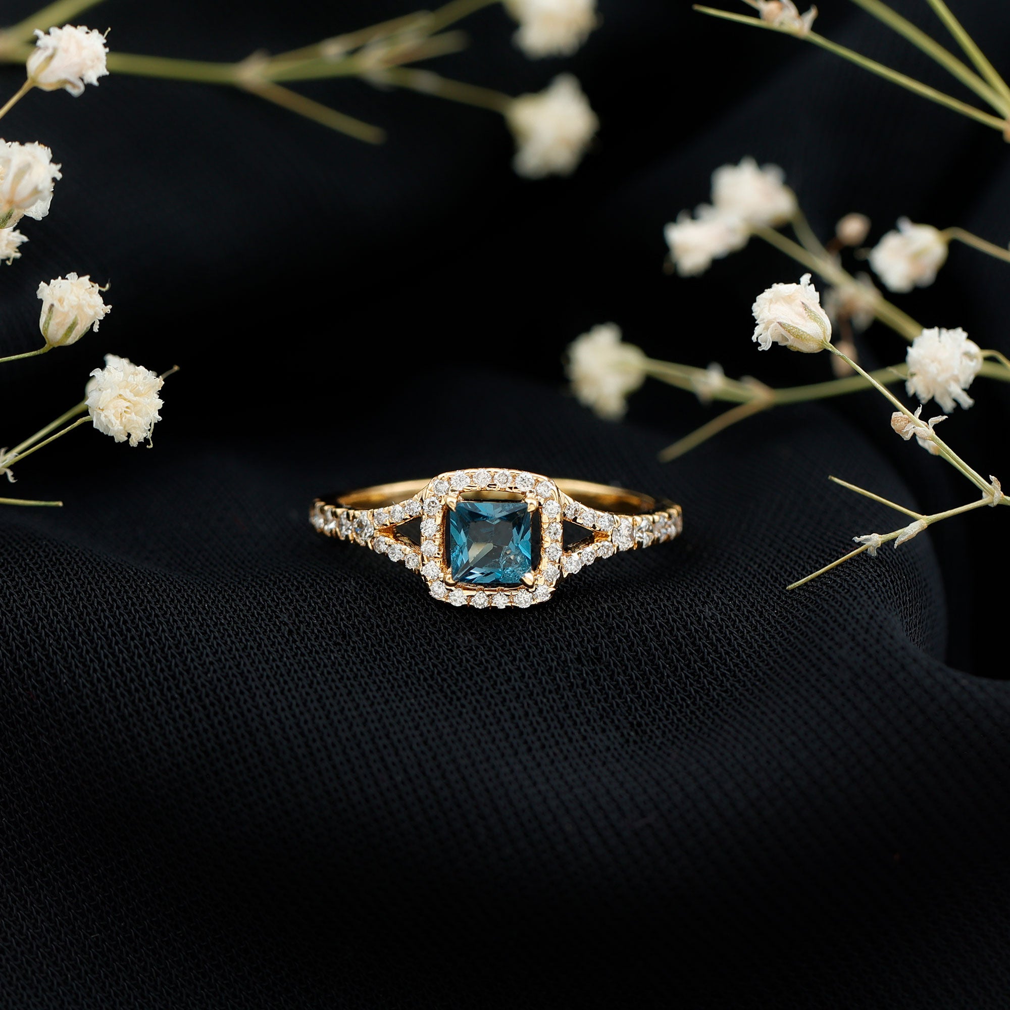 6mm Princess Cut London Blue Topaz Engagement Ring with Diamond Split Shank AAA - Rosec Jewels