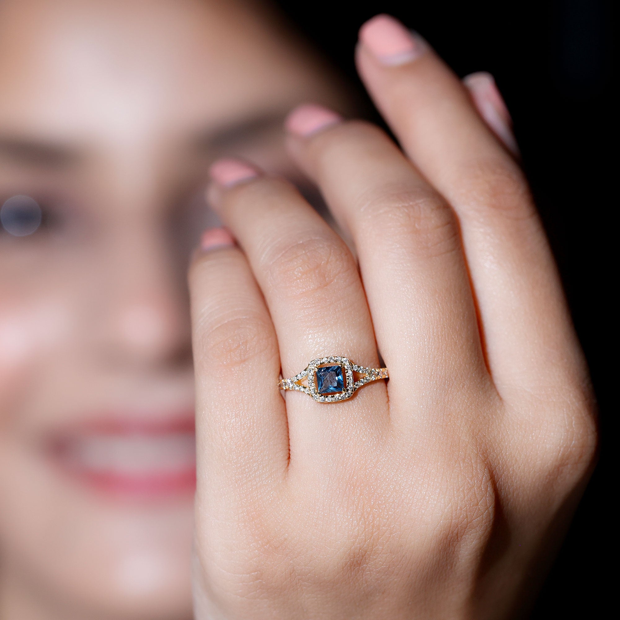 6mm Princess Cut London Blue Topaz Engagement Ring with Diamond Split Shank AAA - Rosec Jewels