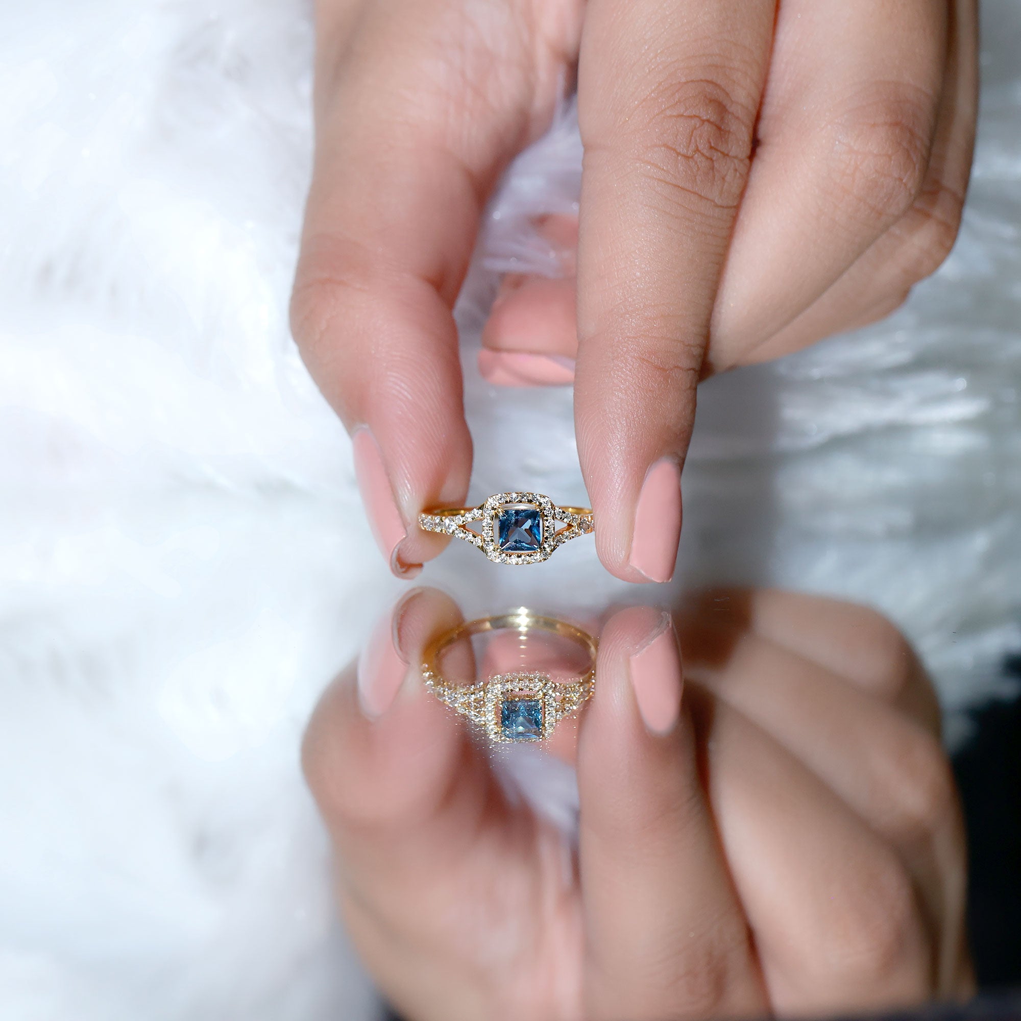 6mm Princess Cut London Blue Topaz Engagement Ring with Diamond Split Shank AAA - Rosec Jewels