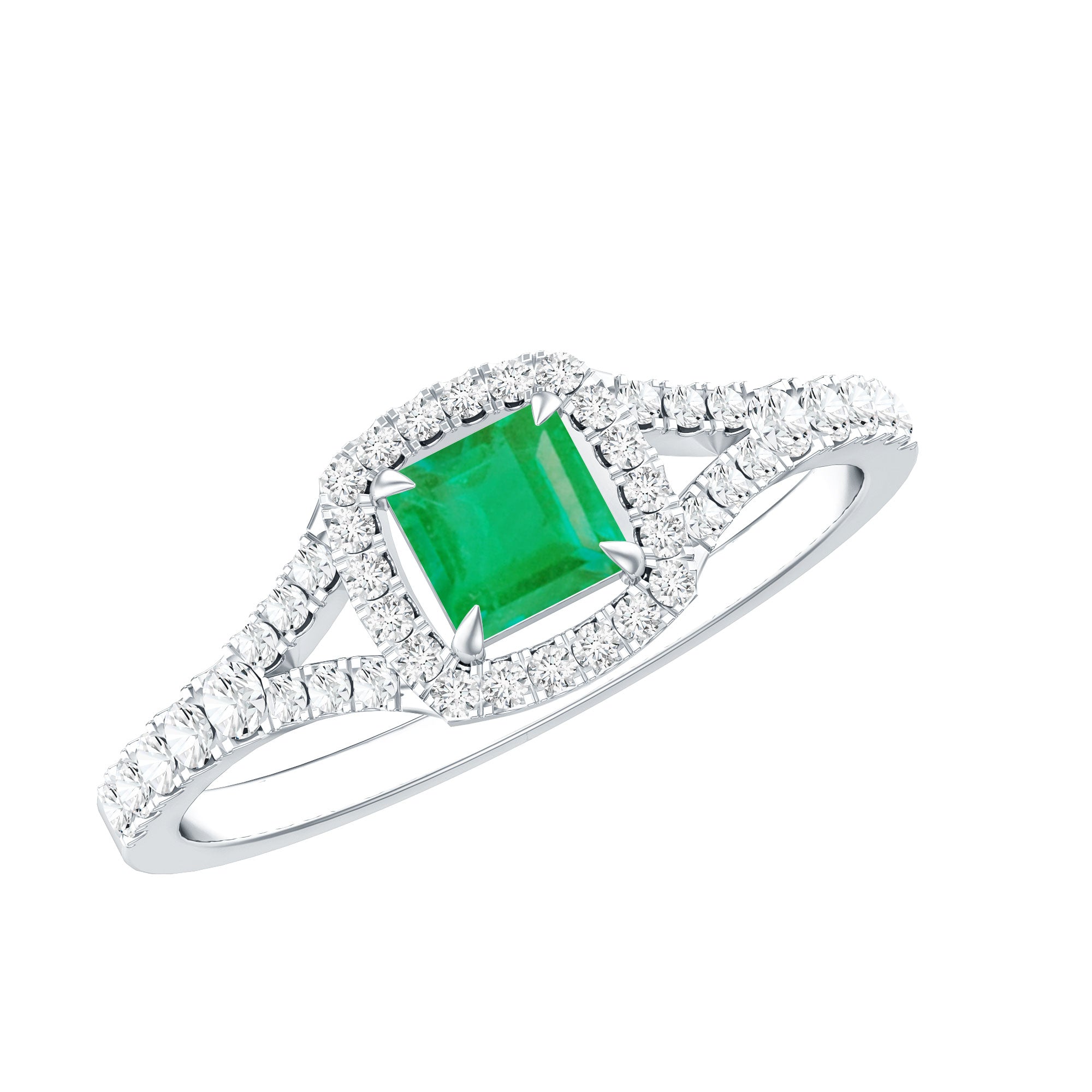 Princess Cut Emerald Engagement Ring with Diamond Split Shank AAA - Rosec Jewels