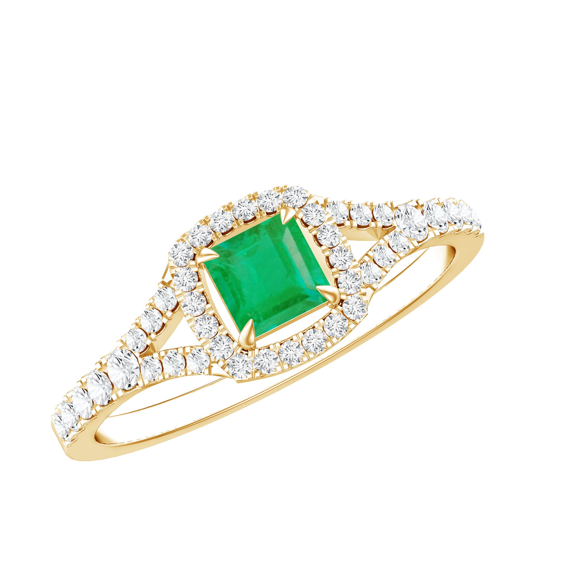 Princess Cut Emerald Engagement Ring with Diamond Split Shank AAA - Rosec Jewels