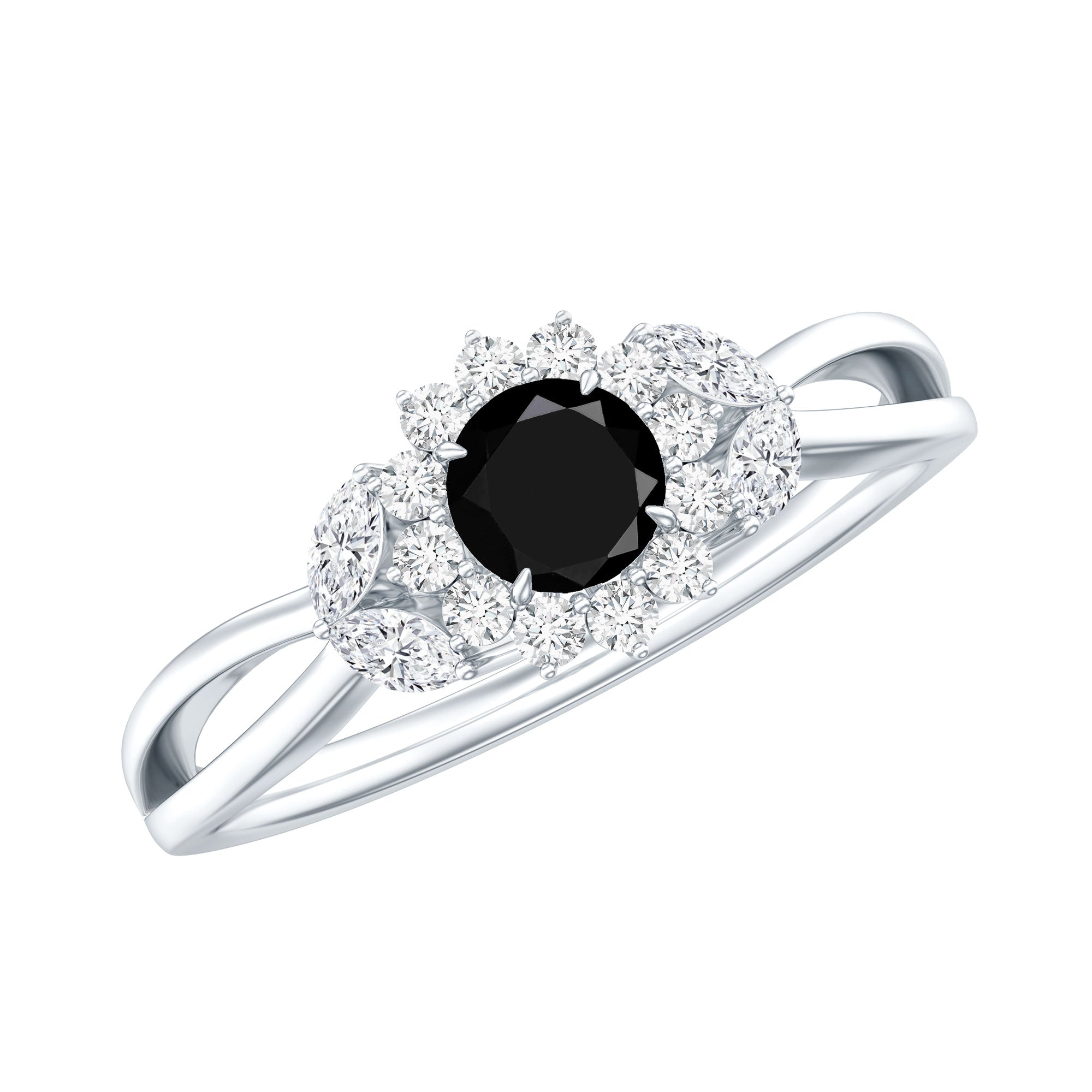 Split Shank Created Black Diamond Flower Ring with Diamond Accent AAAA ( Synthetic ) - Rosec Jewels