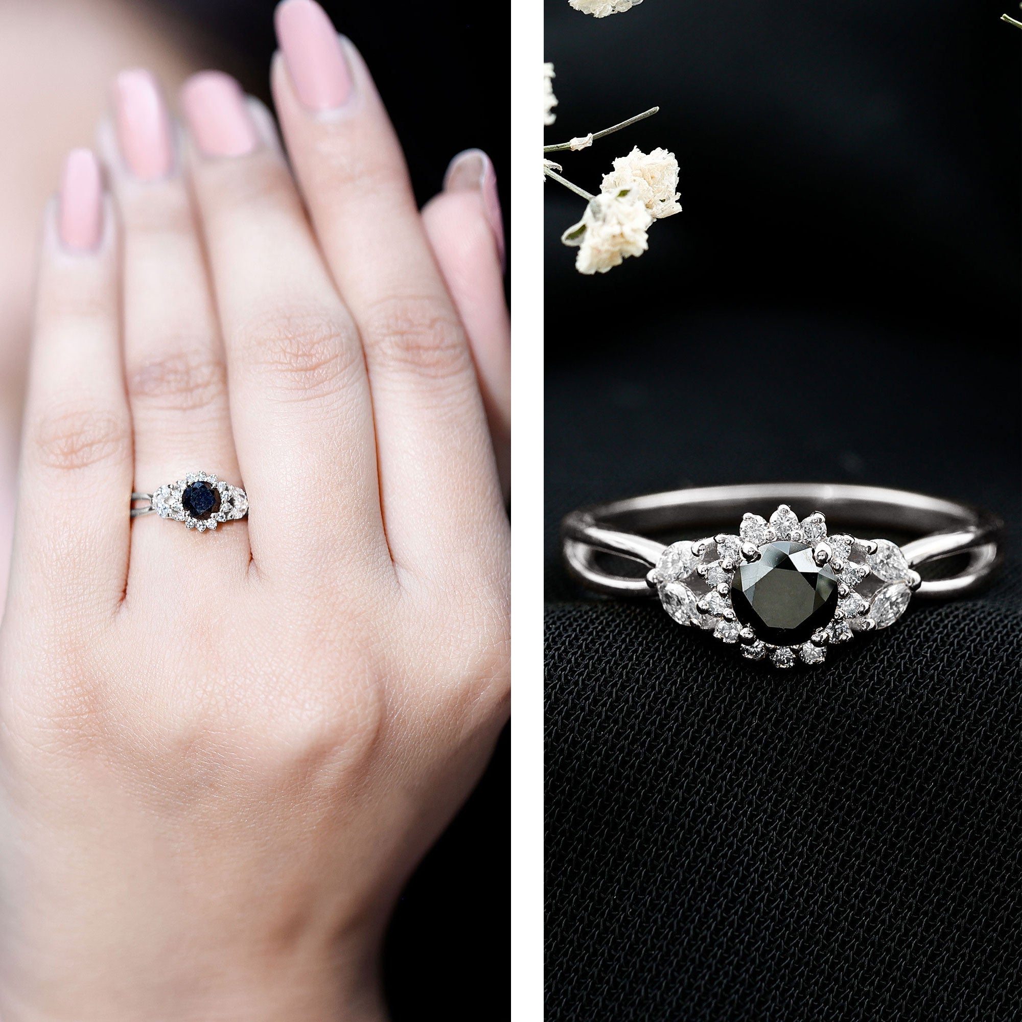 Split Shank Created Black Diamond Flower Ring with Diamond Accent AAAA ( Synthetic ) - Rosec Jewels