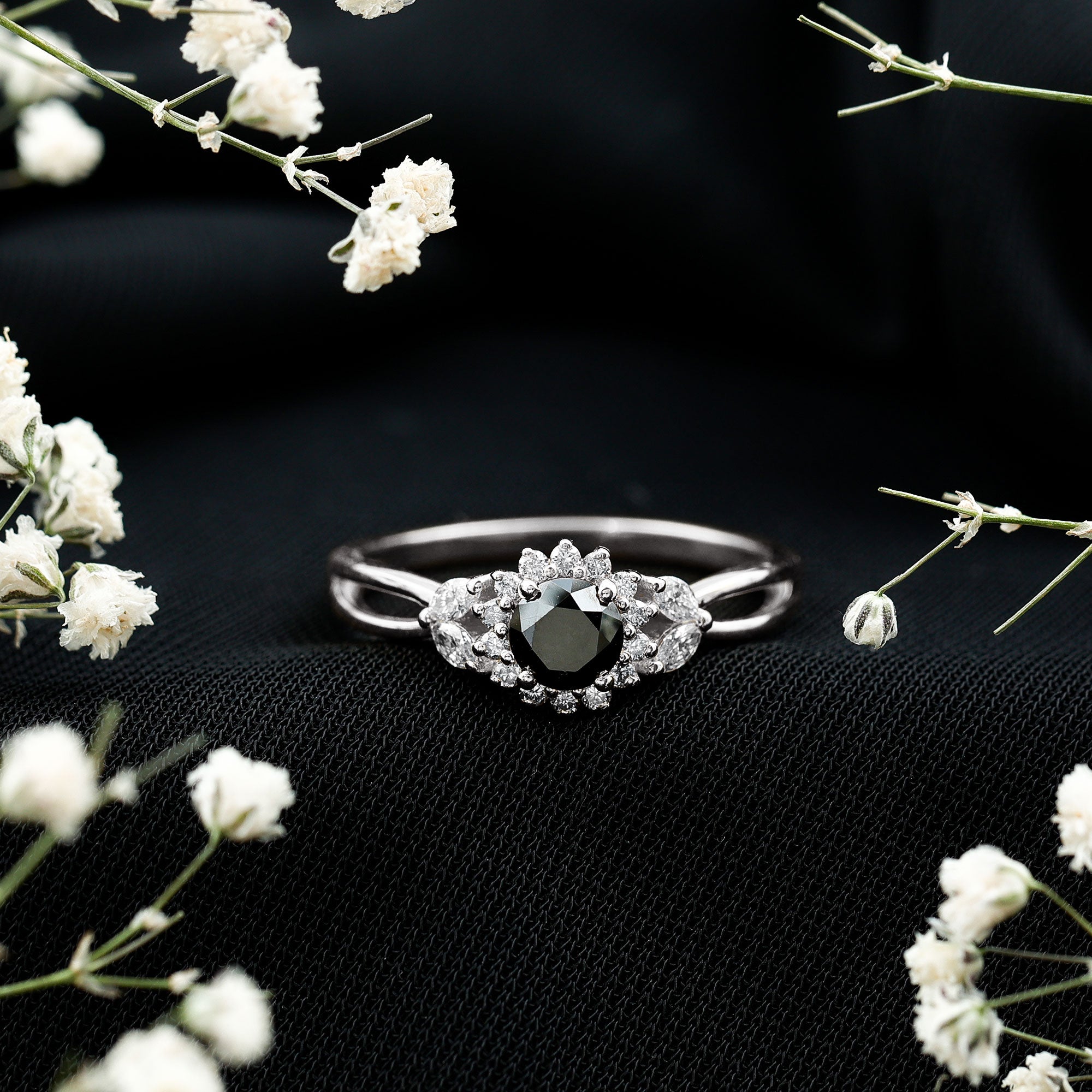 Split Shank Created Black Diamond Flower Ring with Diamond Accent AAAA ( Synthetic ) - Rosec Jewels