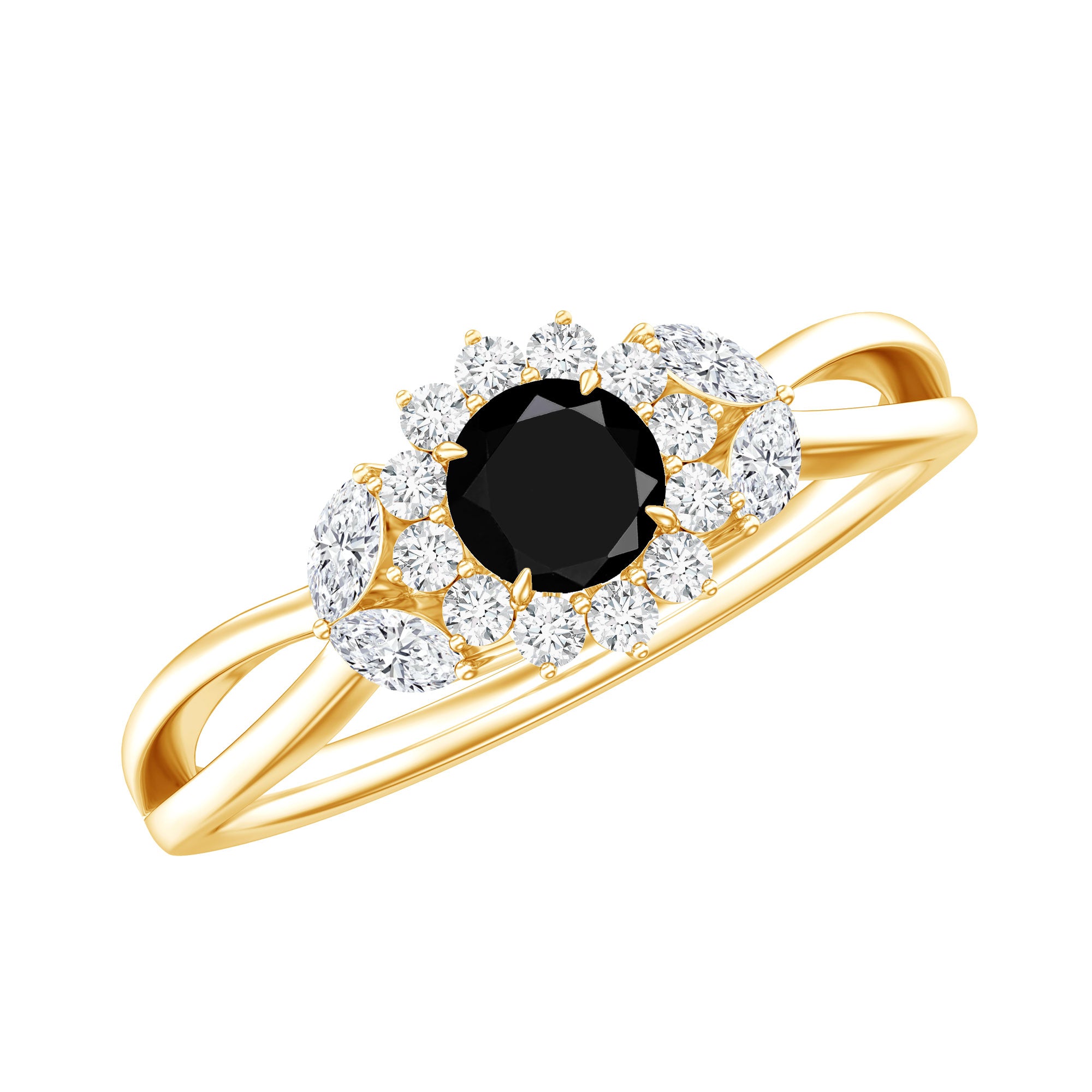Split Shank Created Black Diamond Flower Ring with Diamond Accent AAAA ( Synthetic ) - Rosec Jewels
