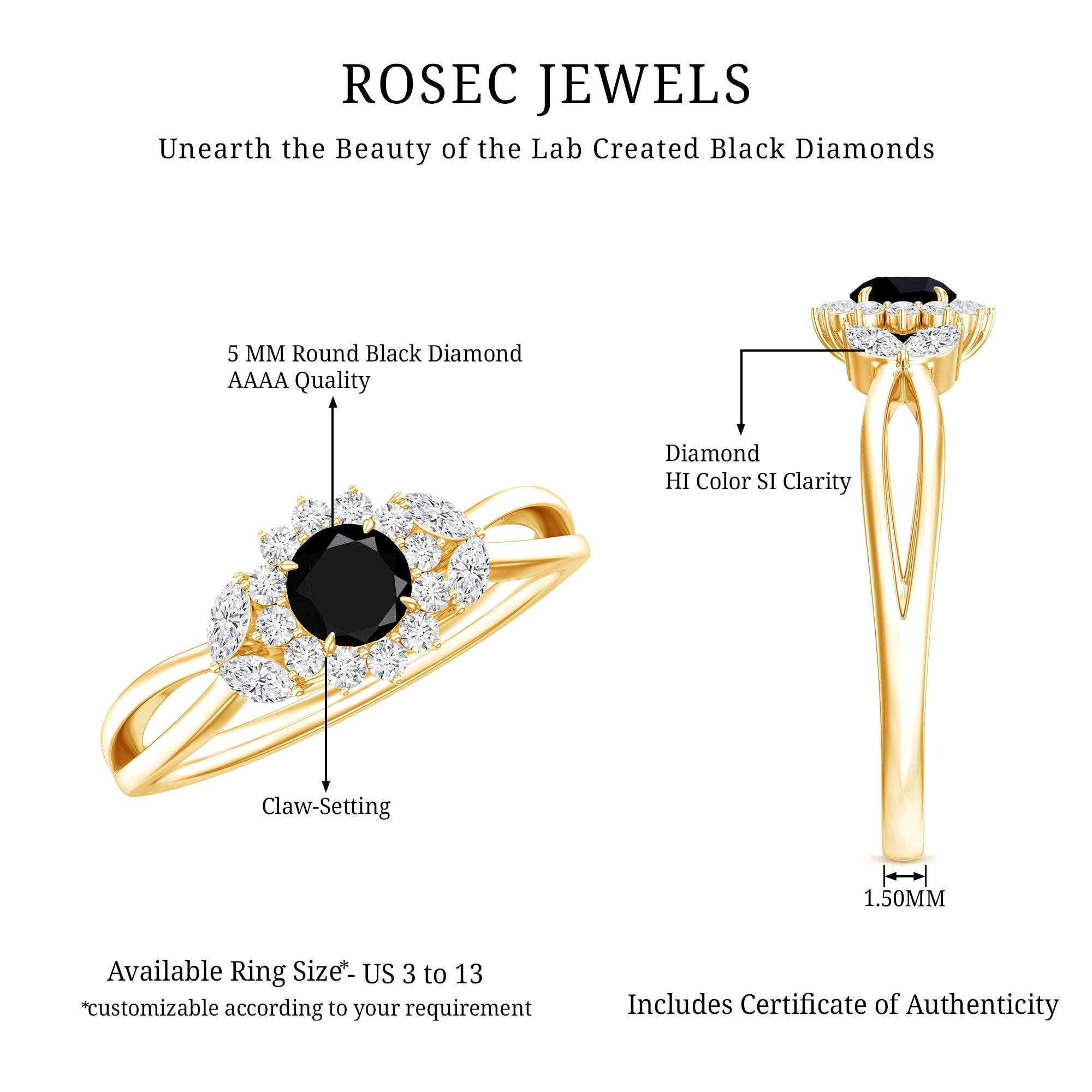 Rosec Jewels-Split Shank Created Black Diamond Flower Ring with Diamond Accent