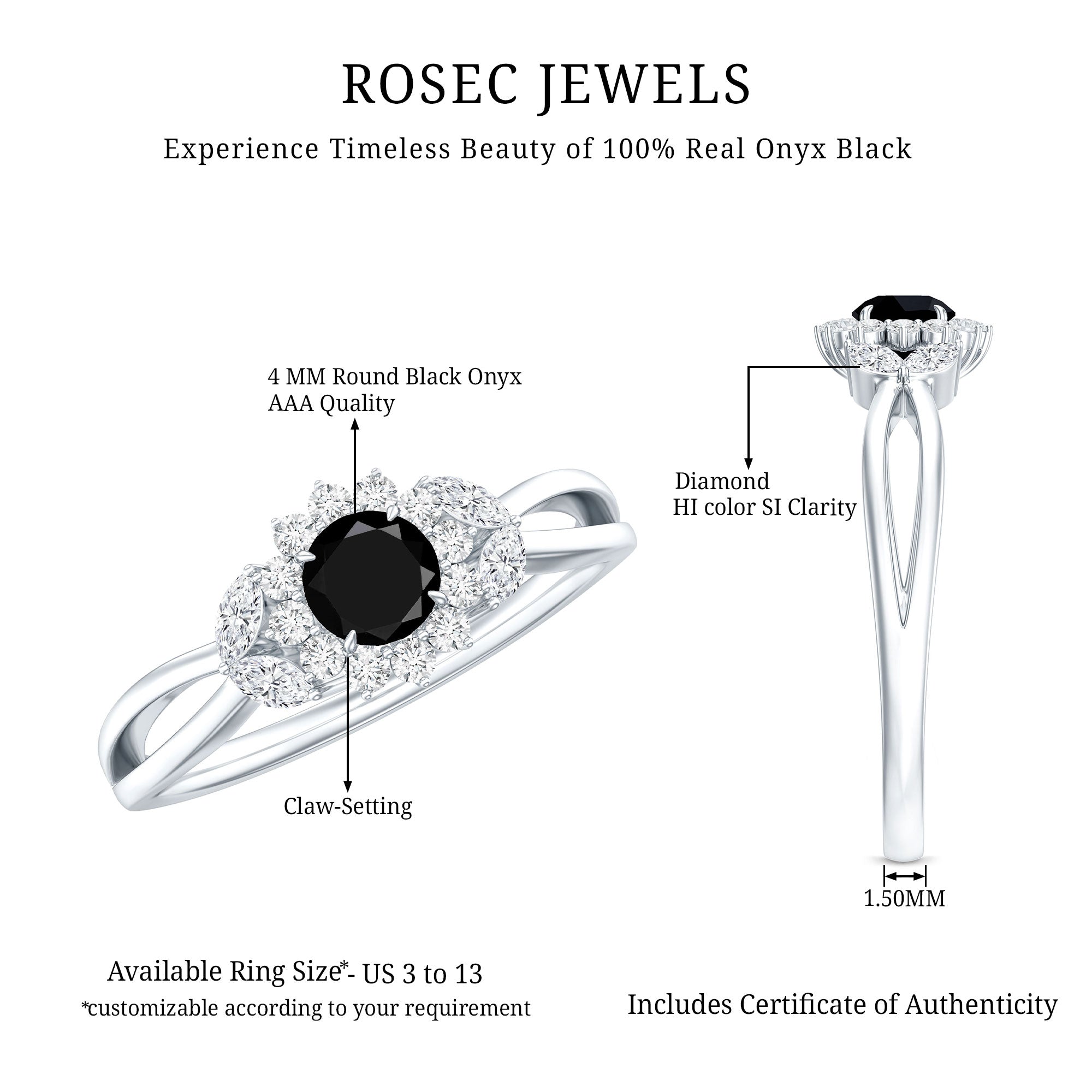 Natural Black Onyx and Diamond Floral Engagement Ring AAA - Rosec Jewels