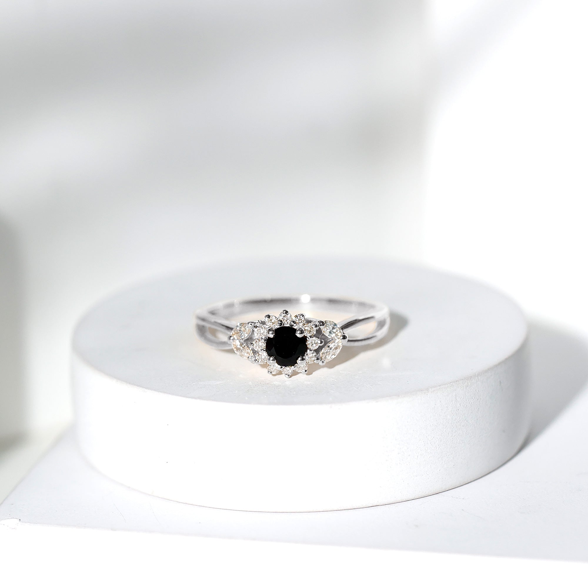 Natural Black Onyx and Diamond Floral Engagement Ring AAA - Rosec Jewels
