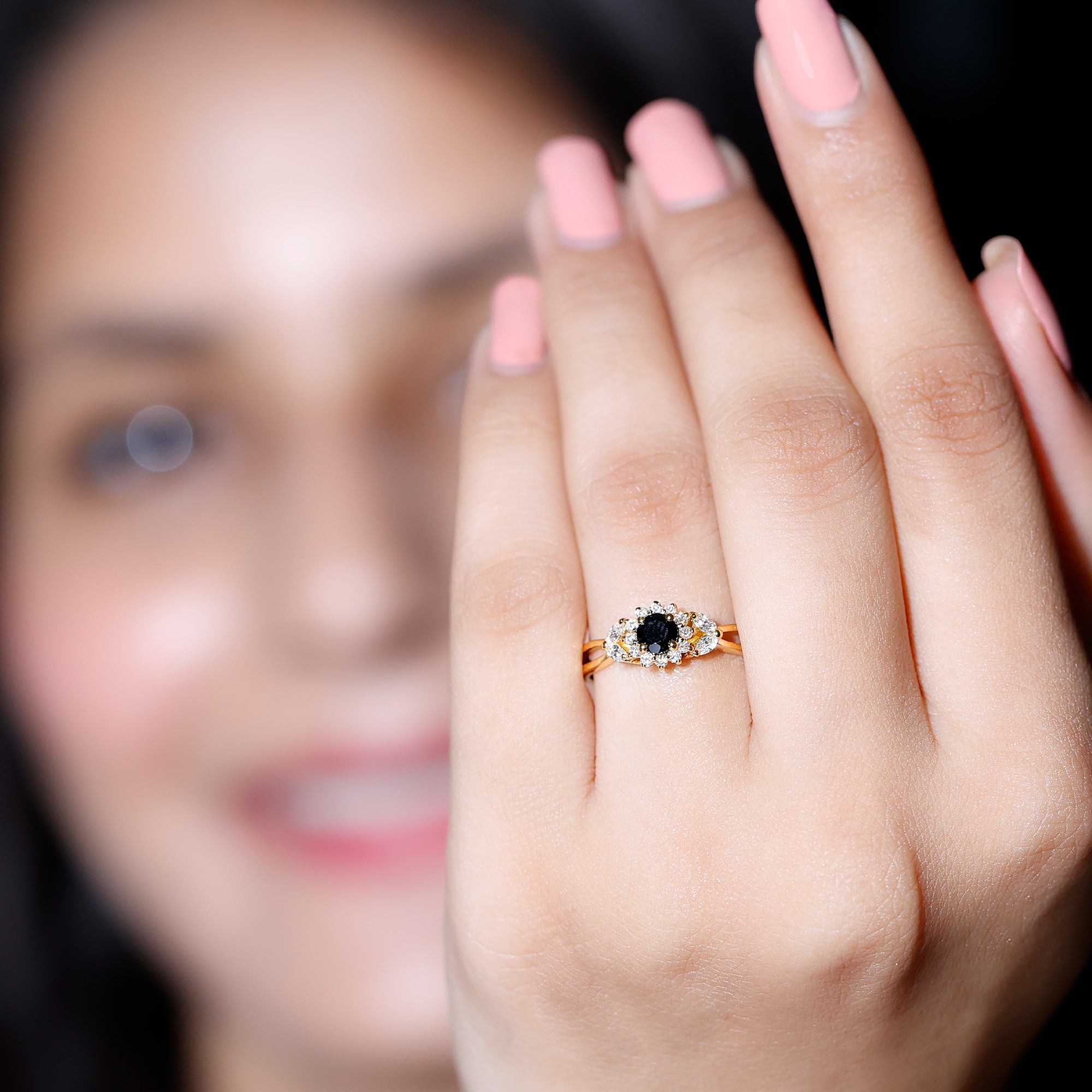Natural Black Onyx and Diamond Floral Engagement Ring AAA - Rosec Jewels