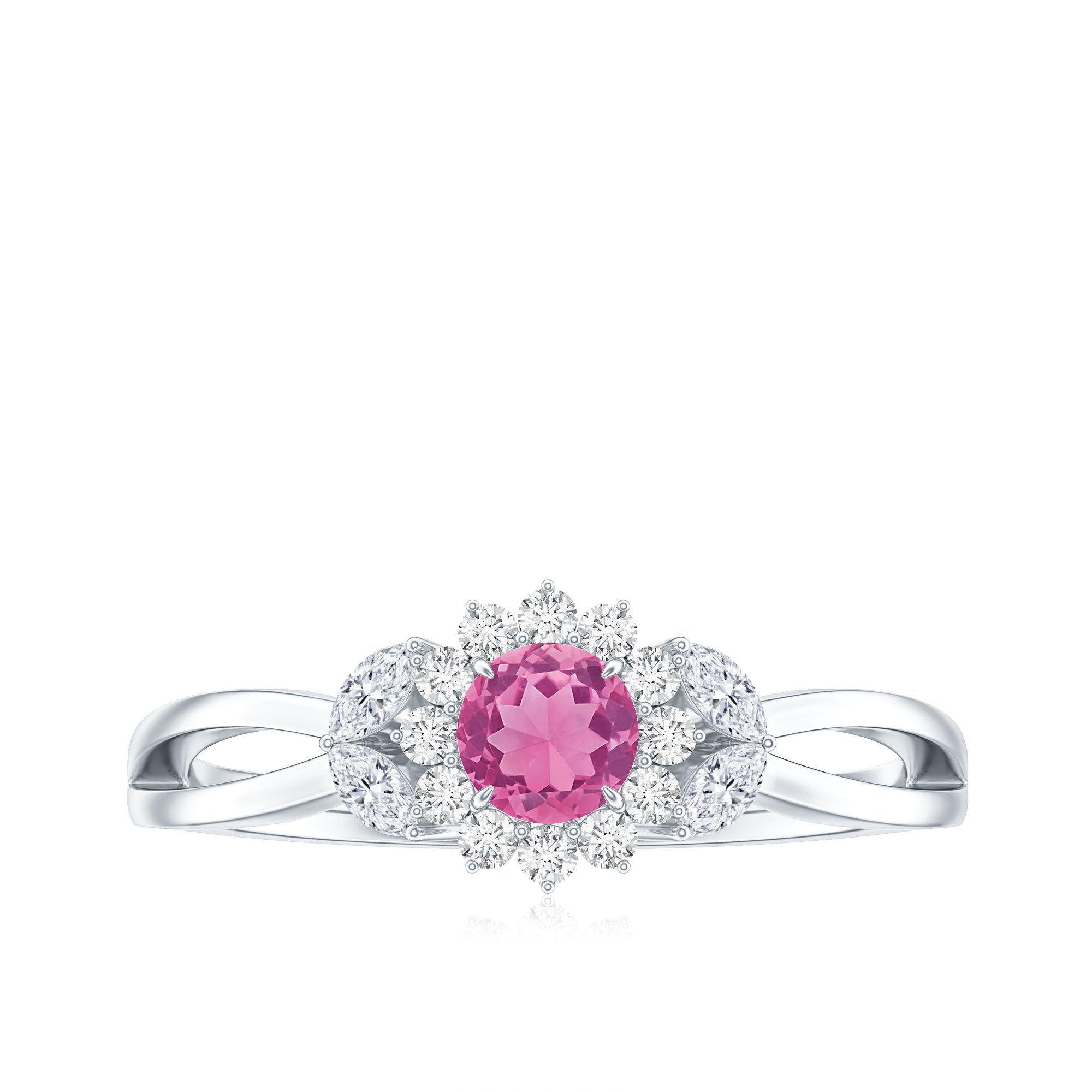 Pink Tourmaline and Diamond Flower Engagement Ring with Split Shank AAA - Rosec Jewels