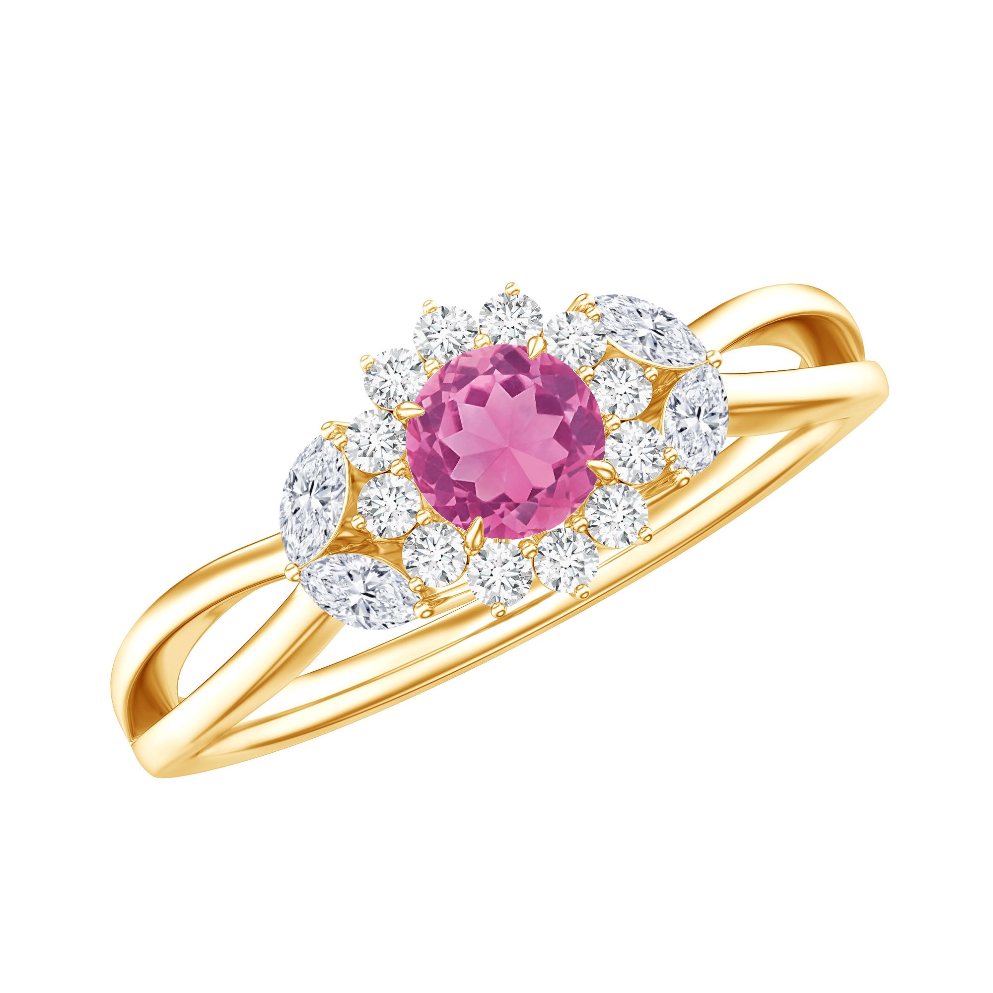 Pink Tourmaline and Diamond Flower Engagement Ring with Split Shank AAA - Rosec Jewels