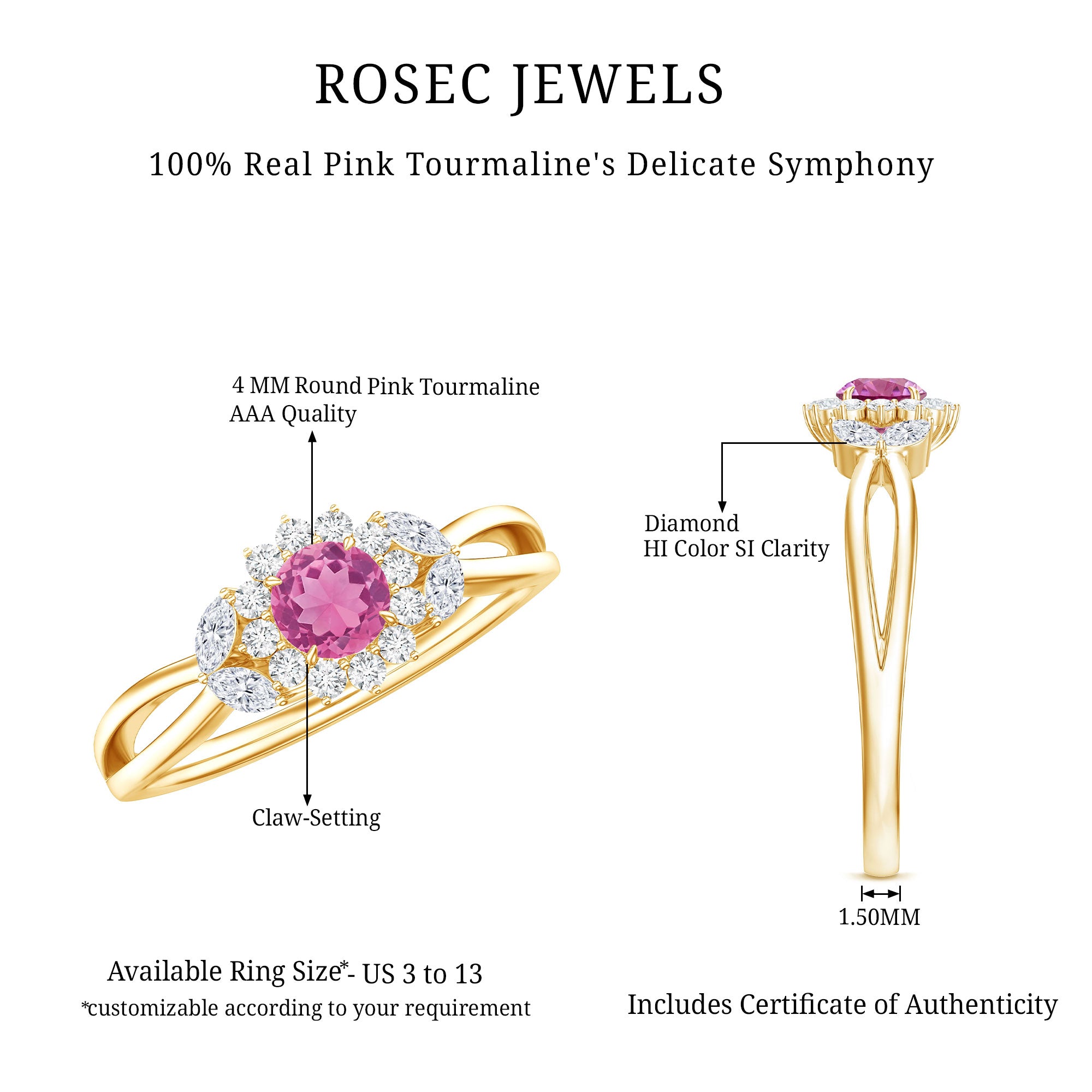 Pink Tourmaline and Diamond Flower Engagement Ring with Split Shank AAA - Rosec Jewels